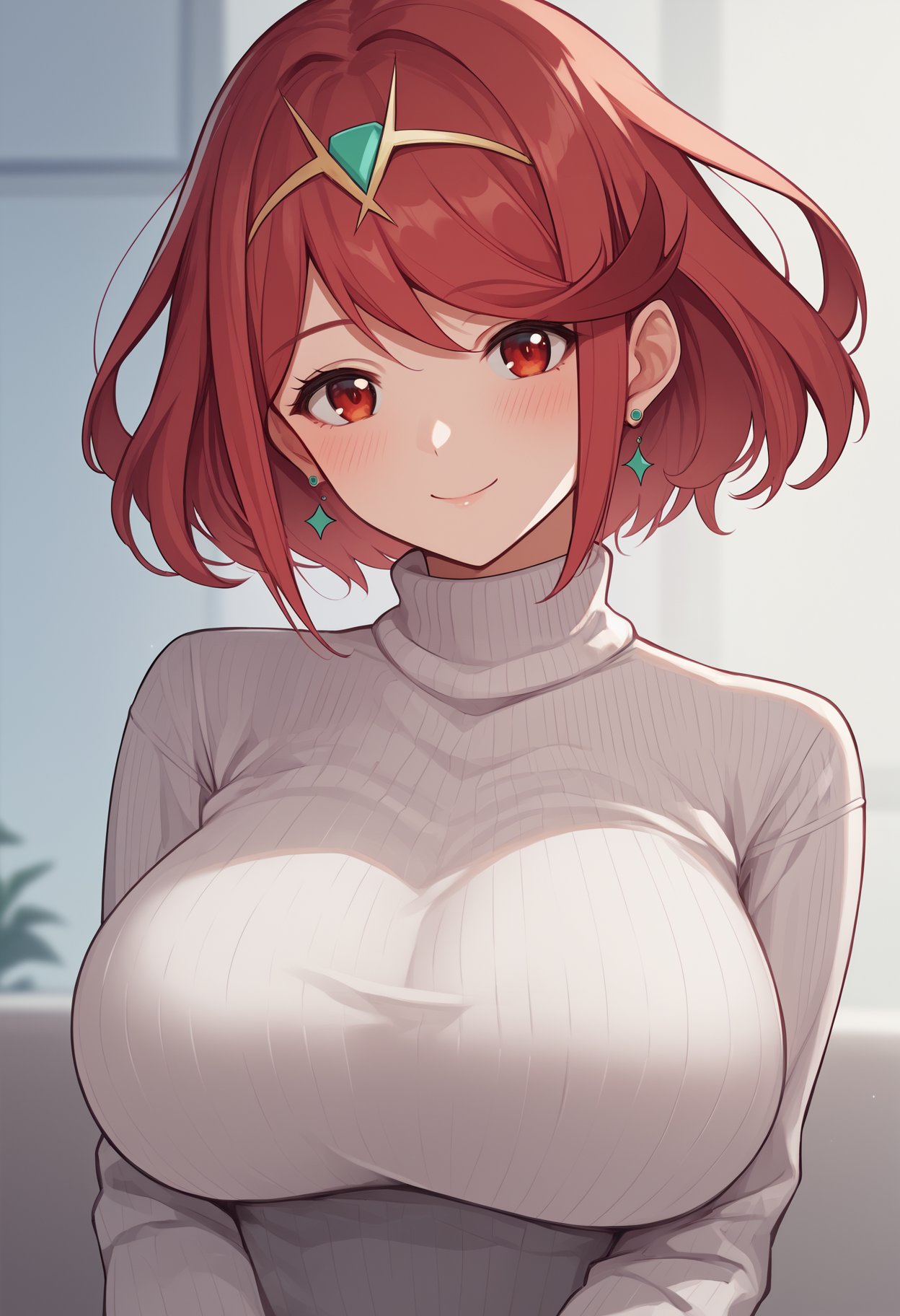 score_9, score_8_up, score_7_up, source_anime BREAK 1girl, solo, <lora:pyra-xb-richy-v1_pdxl:1> prrnd, red eyes, red hair, short hair, tiara, earrings, smile, blush, looking at viewer, turtleneck sweater, white sweater, sweater dress, ribbed sweater, bottomless, large breasts