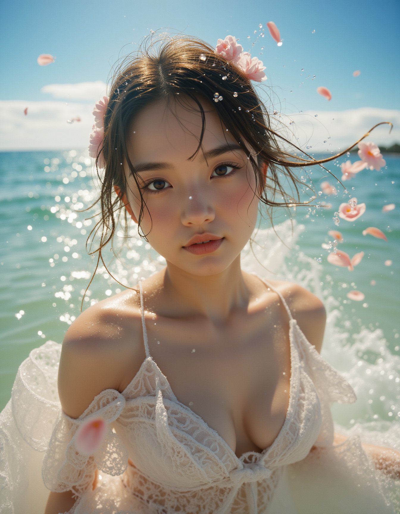 A masterpiece of the highest quality, featuring an close-up shot of an extremely delicate and beautiful young woman at the sea beach. The medium breasts and slim figure of the girl are subtly highlighted, contributing to the overall composition of beauty and elegance. The scene is filled with intricate and detailed elements: the beautiful water glistens with a crystalized effect, reflecting the golden sunlight as detailed waves ripple gently. The sky above is stunningly detailed, with fluttered clouds that seem to float effortlessly. The girl is surrounded by a glow effect, her wet body glistening as splashes of water flutter around her. She is draped in a fluttered fabric that dances in the wind, adding a sense of motion and grace. Her floating hair is adorned with delicate flowers, and she wears a charming smile as she looks directly at the viewer with shiny, blushing cheeks and glossy eyes. Blue bubbles and floating petals add to the dreamlike quality of the scene, all captured through the unique perspective of a fisheye lens. The sunlight creates lens flares and a warm, reflective sheen on her skin, while the detailed, realistic shadows and depth of field enhance the sense of realism. 