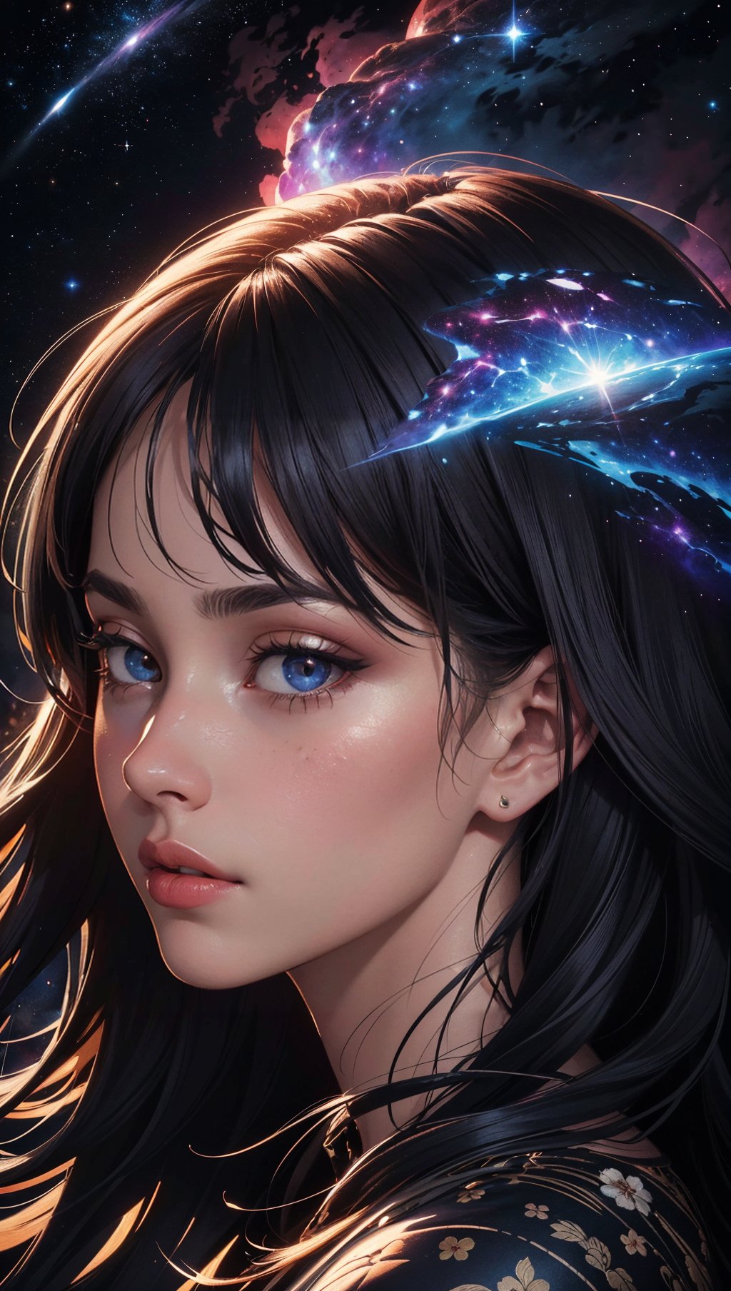 (masterpiece, best quality, highres, high resolution:1.2),extremely detailed,realistic,intricate details,1girl,solo,looking at viewer,(abstract art:1.3),(dark theme:1.2),art,stylized,deep shadow,dark theme,cosmic dress,cosmic beauty,in space,nebula,(cinematic lighting, bloom, volumetric),(close portrait photo),