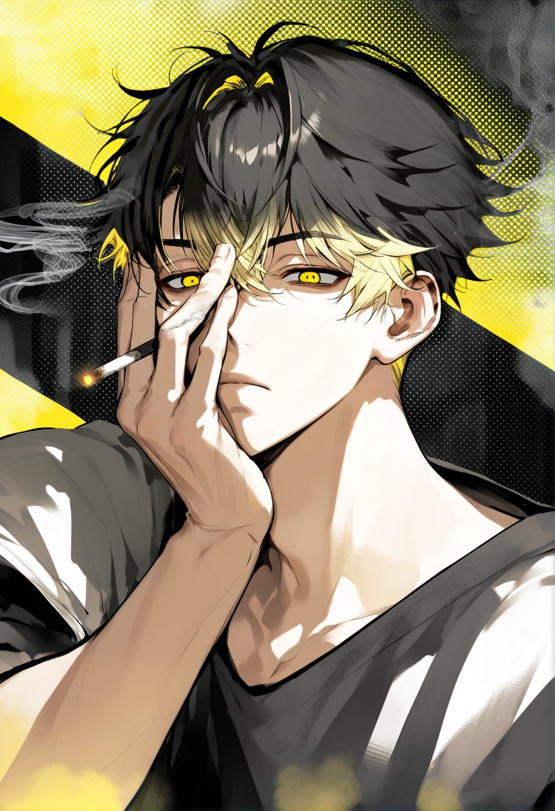 <lora:MUKi:0.8>,muksal style,1boy,shirt,kazutora_hanemiya,blonde hair,yellow eyes,black hair,two-tone hair,smoking,covering_face,, score_9,score_8_up,score_7_up,source_anime,