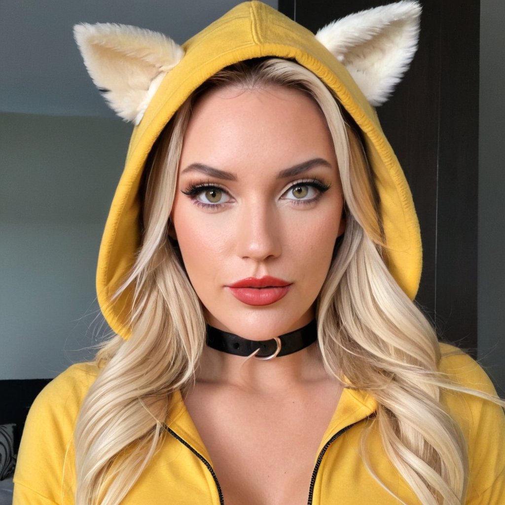 paige_spiranac,long hair,looking at viewer,long sleeves,jewelry,closed mouth,upper body,white hair,choker,hood,nail polish,collar,hoodie,makeup,black choker,ring,lipstick,black nails,eyeshadow,hood up,animal hood,red lips,black sweater, yellow jacket,yellow hoodie,<lora:PaigeSpiranacXL:1>, ((perfect eyes, detailed eyes,realistic eyes)), ((sharp face, detailed face, realistic face, naturtal skin, realistic skin, detailed skin, pores))