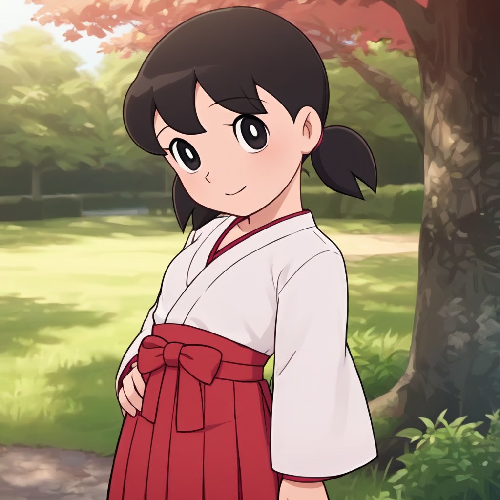 score_9, score_8_up, score_7_up, score_6_up, score_5_up, score_4_up, source_anime,minamoto shizuka,1girl, solo, japanese clothes, black hair,miko, black eyes, smile, twintails, outdoors, hakama, looking at viewer, skirt, short hair, day, short twintails, hakama skirt, tree, red hakama, long sleeves,masterpiece, perfect face, best quality, beautiful girl, cute girl, beautiful eyes, shiny eyes, anime coloring, anime screencap, absurdres, outdoors, <lora:minamoto shizuka nova 906:0.8>