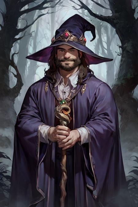 score_9, score_8_up, score_7_up, rating_safe, 1boy, solo, male focus, mature male, wizard, long hair, brown hair, black eyes, looking at viewer, hat, facial hair, beard, mustache, staff, wizard hat, purple hat, shirt, collared shirt, robe, purple robe, cloak, holding, holding staff, upper body, standing, outdoors, forest, nature, tree, fog, dark background <lora:Concept Art Ultimatum Style LoRA_Pony XL v6:1>