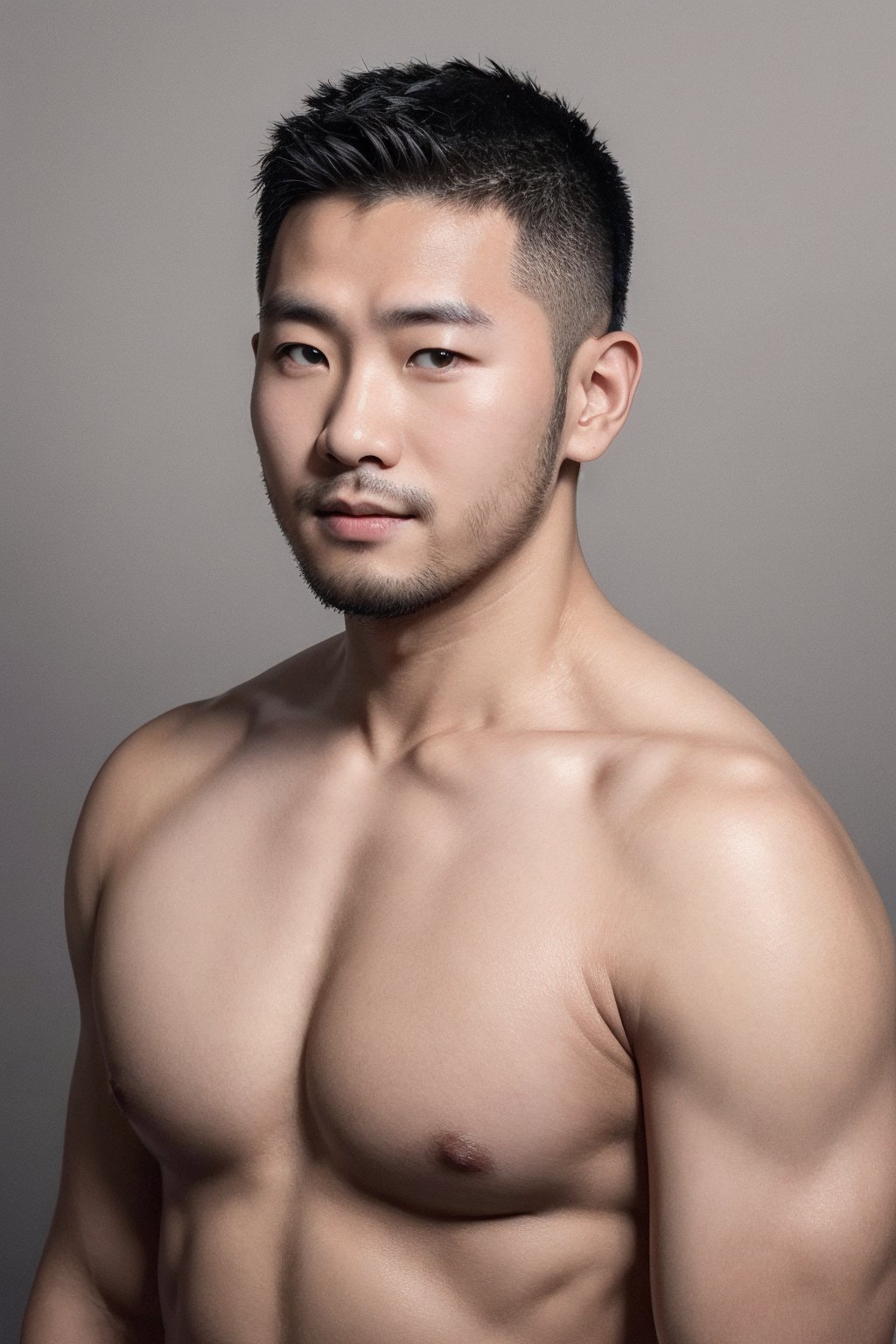 zhuangxiong,1man,30 years old,solo,asian,dignified expression,upper body,topless male,gray gradient background,<lora:bara_male_v2.0:0.8>,, masterpiece,best quality,