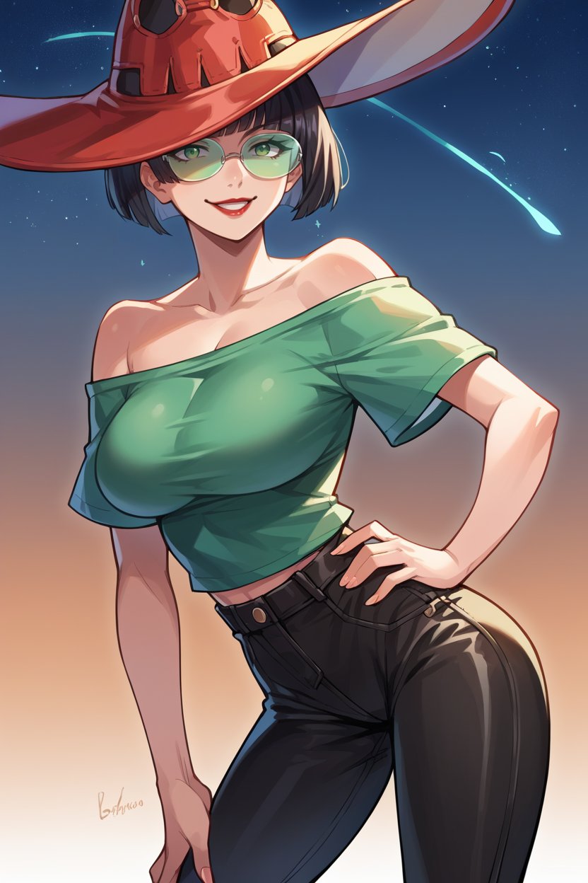 score_9, score_8_up, score_7_up, score_6_up, source_anime, 1girl, solo <lora:ggino-pdxl-nvwls-v1-000005:1> striveIno, black hair, green eyes, red hat, black t-shirt, off-shoulder shirt, black leather pants, skintight, large breasts, hand on hip, night sky, lipstick, smile, tinted eyewear