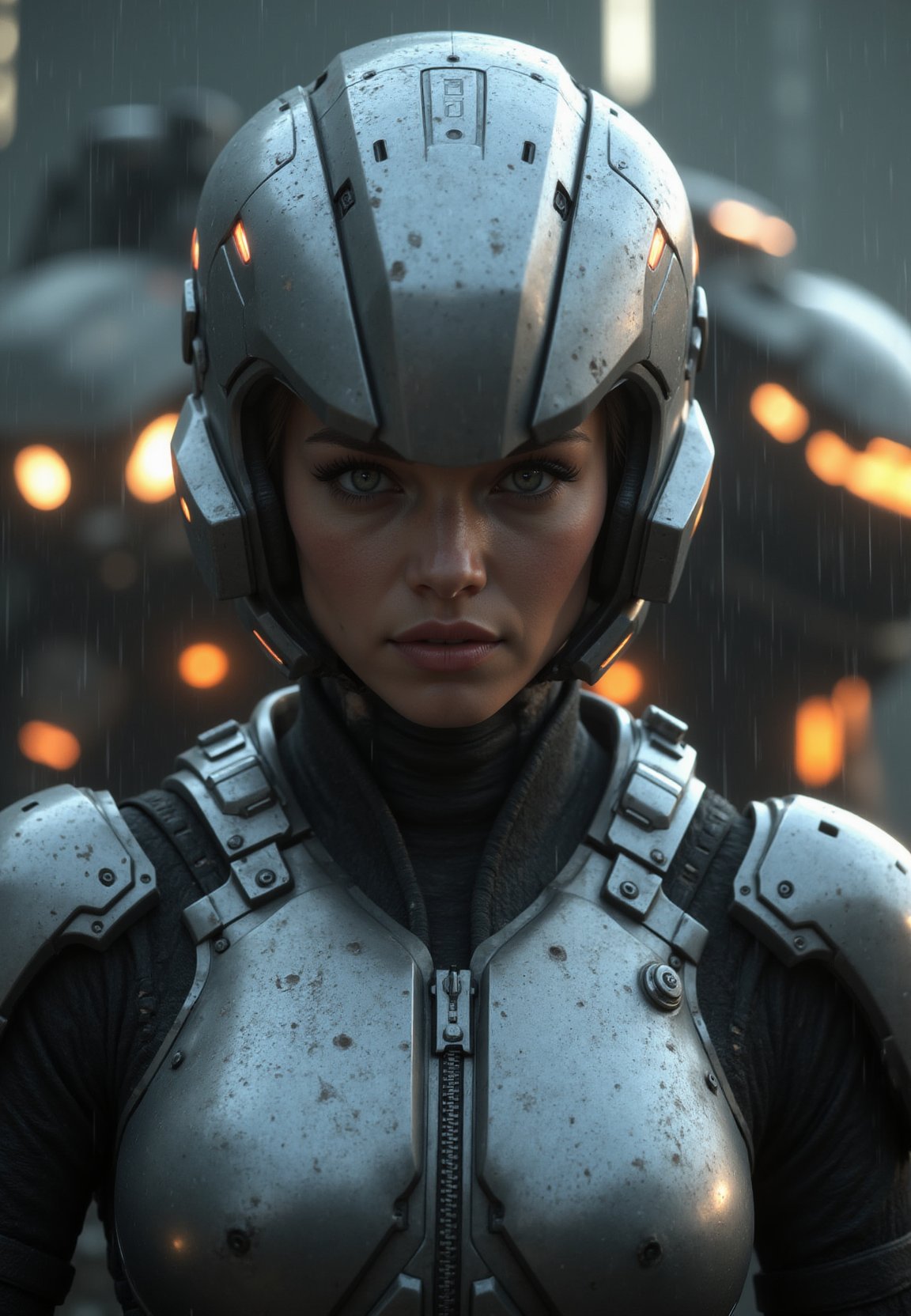 cinematic film still portrait of a solo female mech pilot standing in front of her (large combat mech:1.3), scifi armor, military base, heavy rain, full scifi helmet, visor, detailed eyes, dry skin, skin fuzz, visible skin hair, skin blemishes,, shallow depth of field, vignette, highly detailed, high budget Hollywood film, bokeh, cinemascope, moody, epic, gorgeous, film grain ,caldariflux