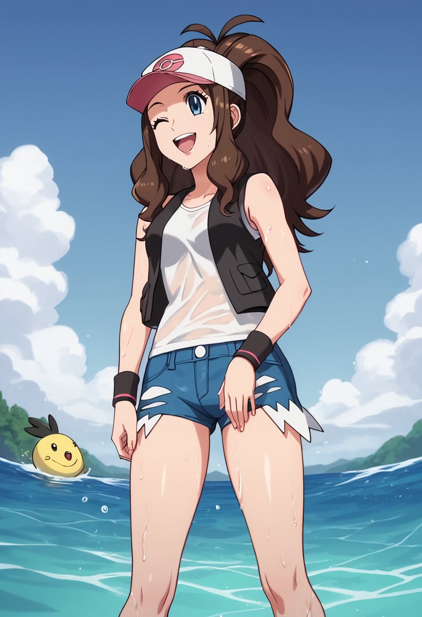 score_9, score_8_up, score_7_up,source_anime,anime coloring,perfect anatomy,cinematic_shadow,anime screencap,<lora:animestyle:1>finetuneanimeBREAK <lora:hilda:1>hilda, 1girl, shorts, hat, pokemon (creature), one eye closed, open mouth, hilda (pokemon), brown hair, teeth, shirt, baseball cap, smile, blue eyes, water, long hair, vest, outdoors, white shirt, day, barefoot, sky, sleeveless shirt, cloud, wristband, tongue, sleeveless, denim, denim shorts, short shorts, sidelocks, upper teeth only, eyelashes, black vest, arm up, wet, wet clothes