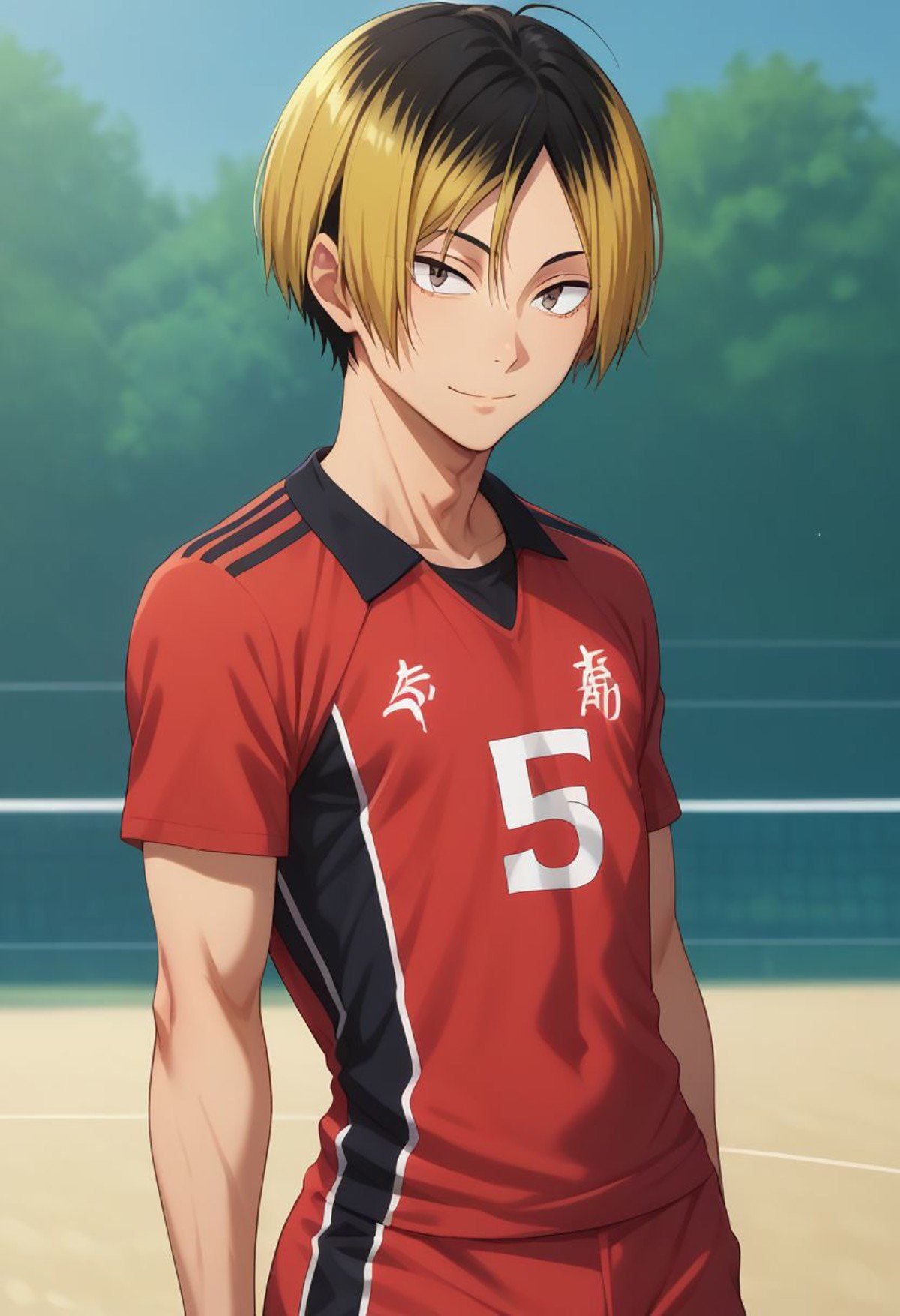 score_9, score_8_up, score_7_up, source_anime, highly detailed, kenma, 1boy, male focus, solo, blonde hair, sportswear, volleyball uniform, multicolored hair, shorts, two-tone hair, black hair, red short, upper body, skinny, slender, short height, smile, looking at viewer,outdoor,