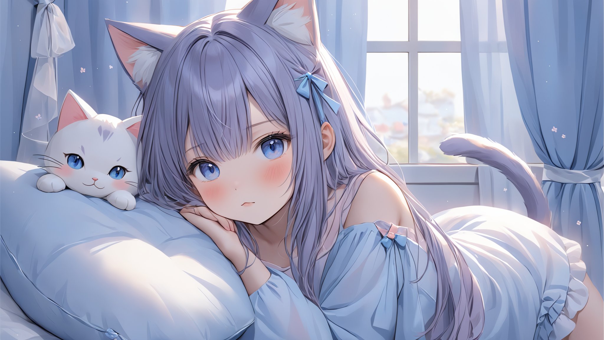 1girl, animal ears, bloomers, blue eyes, blush, cat ears, cat girl, cat tail, curtains, hair ornament, long hair, pillow, sleeves past wrists, stuffed animal, stuffed cat, stuffed toy, tail, underwear