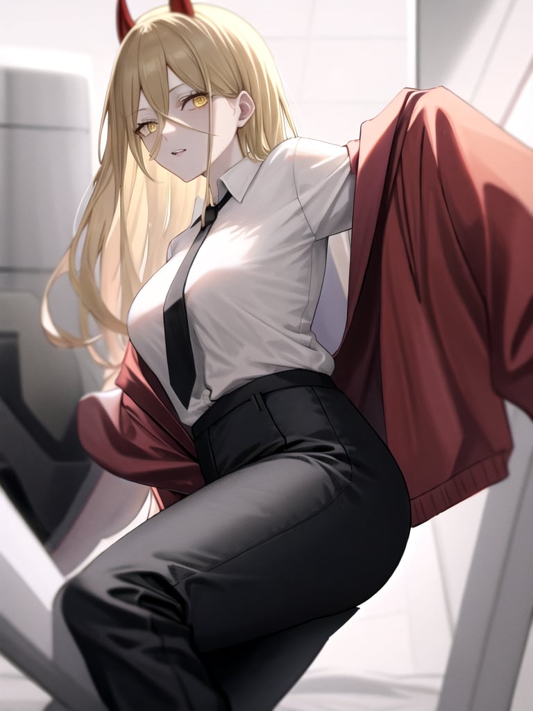 Power \(chainsaw man\), long hair, demon horns, yellow eyes, blonde hair, red horns, jacket, white shirt, pants,<lora:Power:1> , (masterpiece)