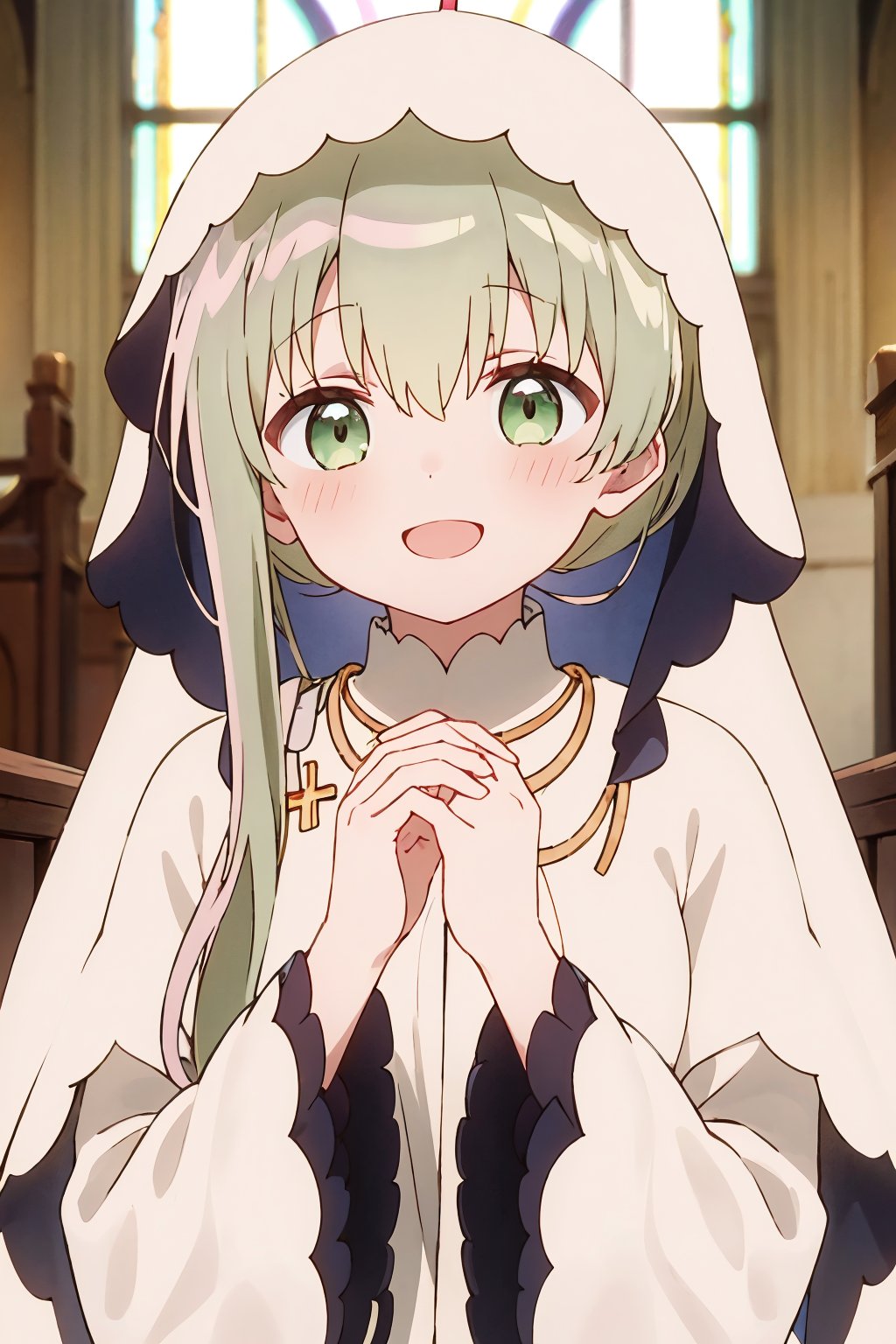 1girl, cecilia \(shiro seijo to kuro bokushi\), anime screencap, solo, smile, open mouth, blush, eyebrows visible through hair, :d, long sleeves, hair between eyes, looking at viewer, own hands together, upper body, wide sleeves, green eyes, hands up, white dress, veil, jewelry, interlocked fingers, latin cross, very long hair, white capelet, cross necklace, ponytail, capelet, green hair, side ponytail, puffy sleeves, hood up, two-tone background, head tilt, own hands clasped, white shirt, hands on own chest, fingernails, indoors, window, church<lora:cecilia_shiro_seijo_locon_v1:0.9>