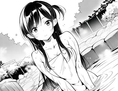 score_9, score_8_up, score_7_up, source_anime,chizuruichinose, <lora:chizuru-ichinose-manga-ponyxl-lora-nochekaiser:1>,chizuru ichinose, long hair, bangs, one side up, greyscale, monochrome,nude, naked, outdoors, onsen, towel, naked towel, steam, bathing, nude cover, partially submerged, water, bath, steam censor, wet towel,looking at viewer, dutch angle, cowboy shot, solo,