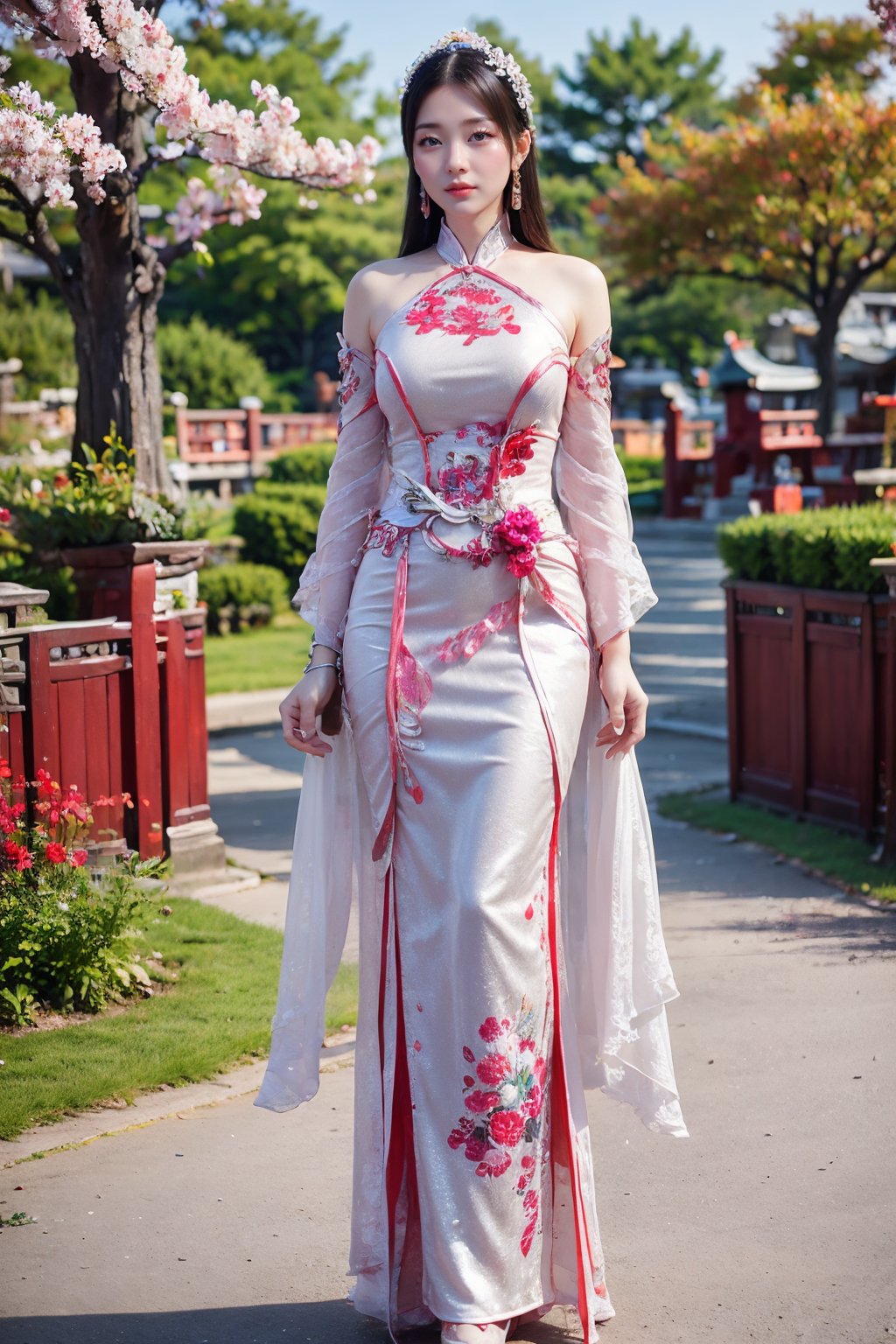 CAFC,1girl,solo,long hair,white clothes,earrings,jewelry,hair accessories,full body,suburban scenery,east asian,chinese style architecture,