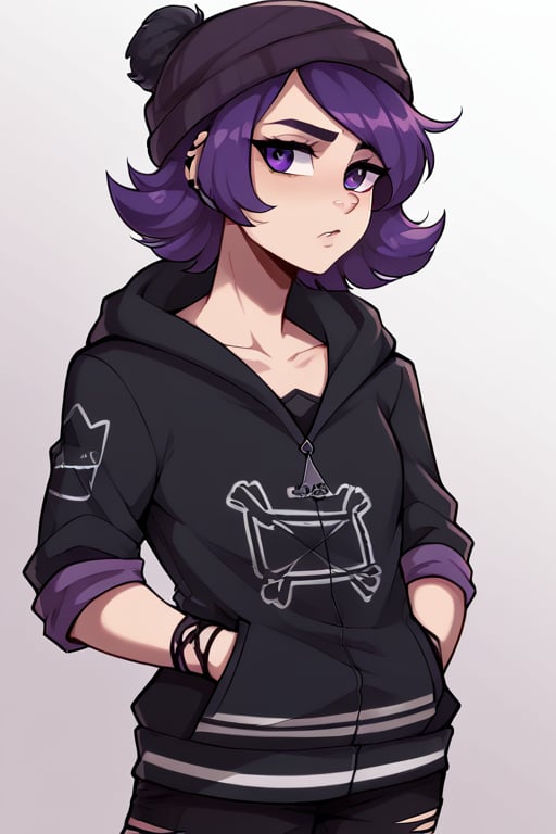 2D, score_9, score_8_up, score_7_up, BREAK, 1girl, solo,Uzi, Purple Hair, Purple Eyes, human, black hoodie, beanie<lora:EMS-470427-EMS:1.000000>