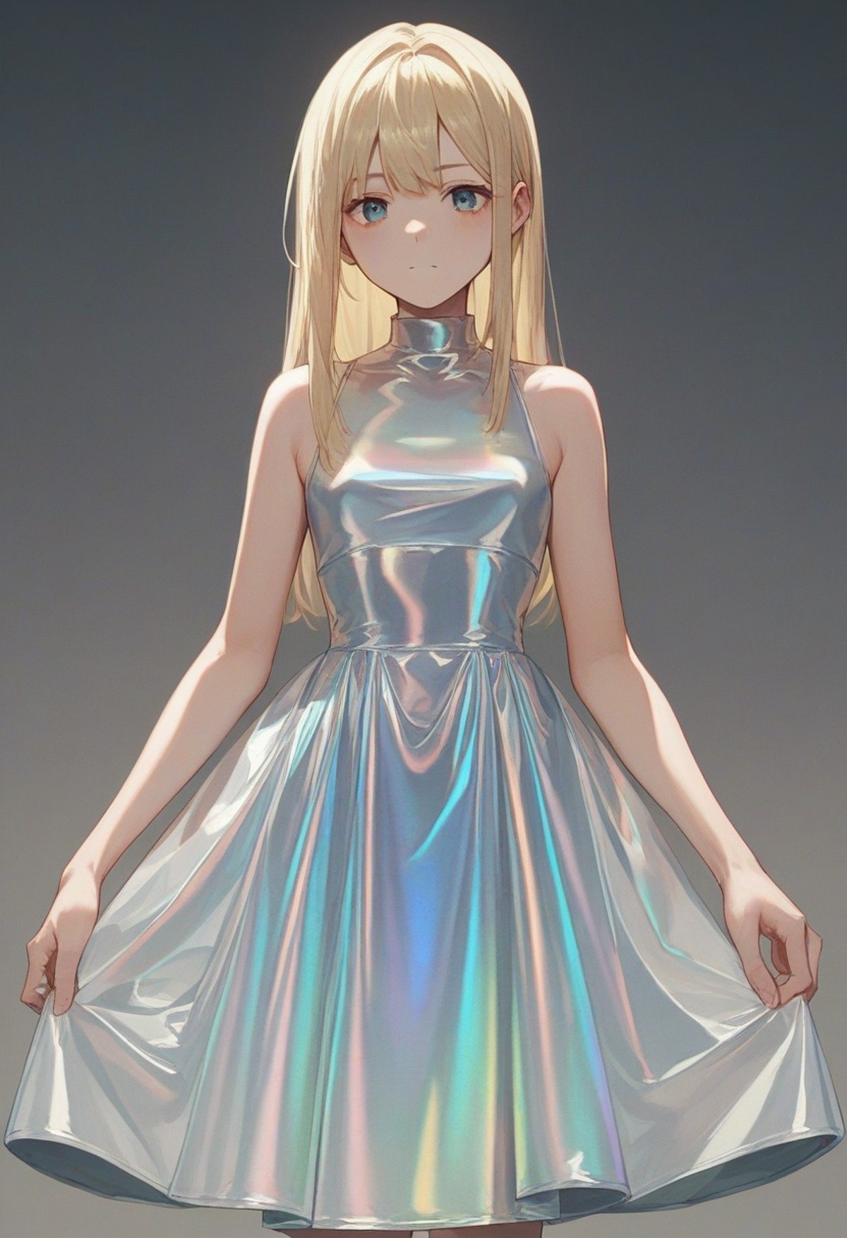 score_9, score_8_up, score_7_up, score_6_up, source_anime, <lora:holographic_v0.2-pony:1>1girl, blonde hair, holographic dress, tube dress, 