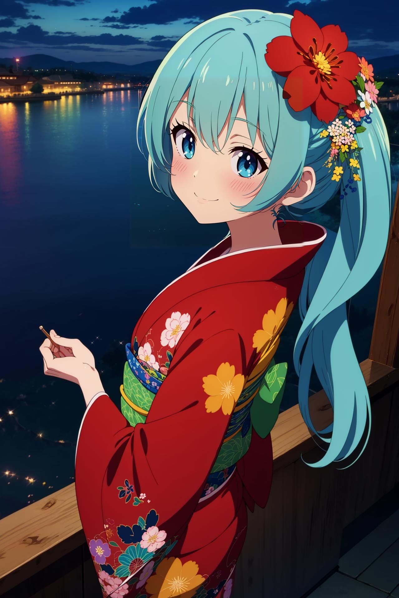 best_quality,masterpiece,1girl,solo,blue_hair,long_hair,kimono,floral print, nightime,fireworks,lakeside,from_above,blush,smile,clouds,moonlight,hair flower, obi,ribbonanime screencap, anime visual,anime_coloring