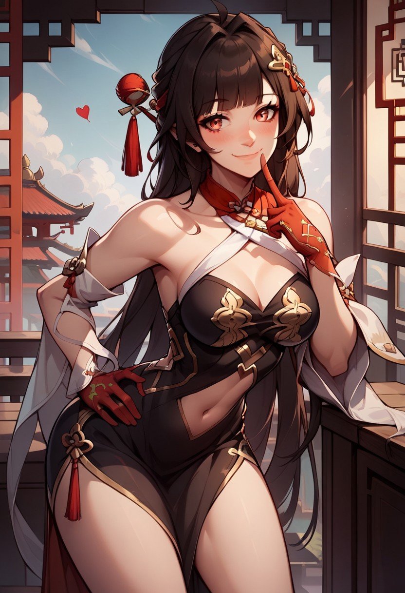 score_9,score_8_up,score_7_up,source_anime, Lingsha,1girl,solo,breasts,looking at viewer,blush,smile,hair ornament,gloves,dress,navel,closed mouth,bare shoulders,medium breasts,heart,cowboy shot,detached sleeves,black dress,hand on own hip,clothing cutout,leaning forward,chinese clothes,tassel,index finger raised,red gloves,finger to mouth,navel cutout,ara haan,