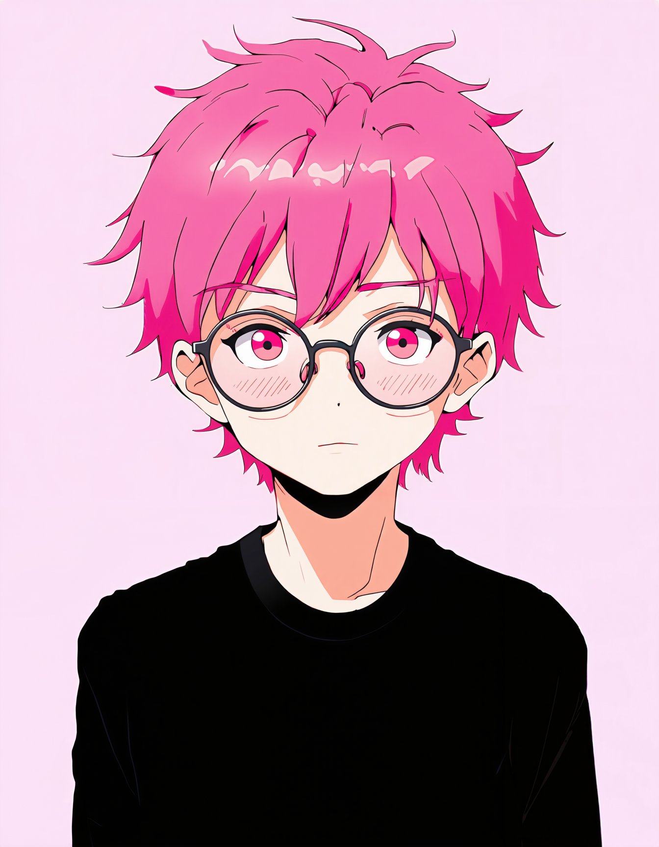 anime style, anime boy with pink hair and glasses wearing a black t - shirt on a pink background