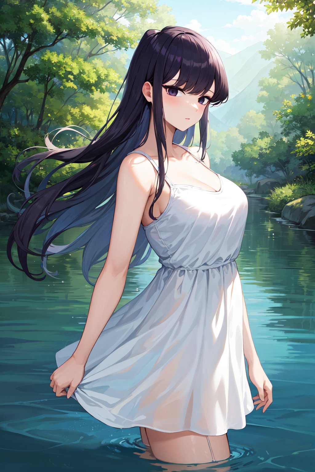 masterpiece, best quality, highres, aashouko, long hair, breasts, <lora:komi_shouko_v1:0.7>, sundress, white dress, forest, partially submerged, from side, cowboy shot, 