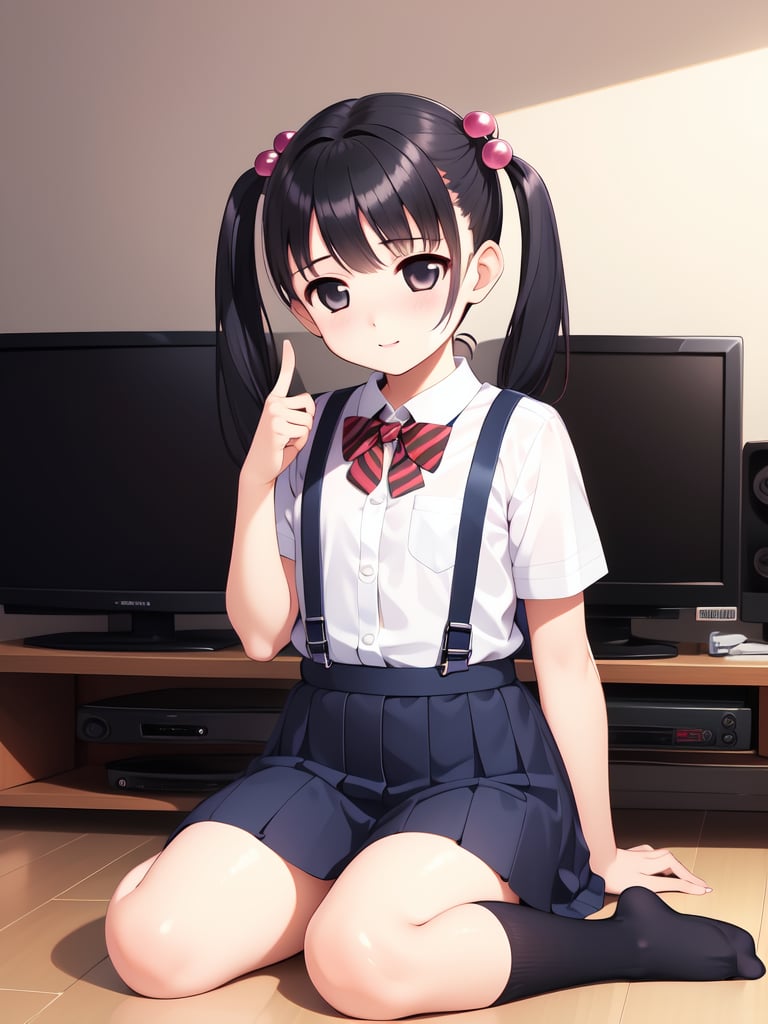 <lora:Tsutsumi_Kinuka:0.8>, TsutsumiKinuka, 1girl, solo, twintails, bag, black hair, sitting, socks, television, hair bobbles, skirt, hair ornament, wariza, suspenders, black eyes, school uniform, backpack, finger to mouth,masterpiece, high quality, very_high_resolution, large_filesize, full color,