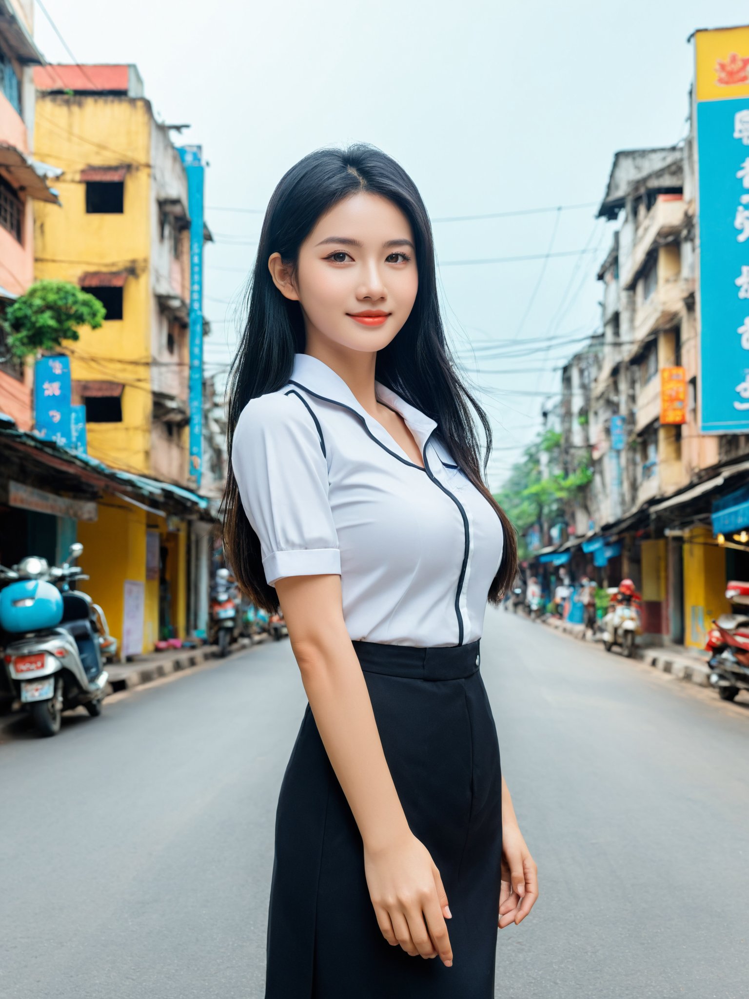 masterpiece, best quality, realistic, photo, real, incredibly_absurdres, Ultra HD, Affectionately looking at you, 8K, UHD, in the vietnamese city street, full body, arms behind head, arms behind back, bust photo,masterpiece, best quality, realistic, photo, real, incredibly_absurdres, Ultra HD, Affectionately looking at you, 8K, UHD, in the vietnamese city street, full body, arms behind head, arms behind back, bust photo,The 20-year-old vietnamese girl, She has black hair, nurse shirt outfit, The lines of her face are soft and smooth. Her skin is as fair as snow, soft and delicate, and her eyes are bright and bright, deep and mysterious, making people feel endless charm and appeal. The eyebrows are slender and graceful, the nose is straight and noble, the lips are rosy and seductive, and the slightly raised angle reveals confidence and elegance. Her facial features are delicate and three-dimensional, with well-defined contours, like a fine painting or a finely carved work of art. The overall feeling is gentle, elegant, noble and full of charm, huge_filesize, bust, girl, kawaii, adorable girl, bishoujo, ojousama, idol, wavy hair, long hair, black hair, beautiful detailed eyes, looking at viewer, seductive smile, black eyes, large breasts, arms behind back