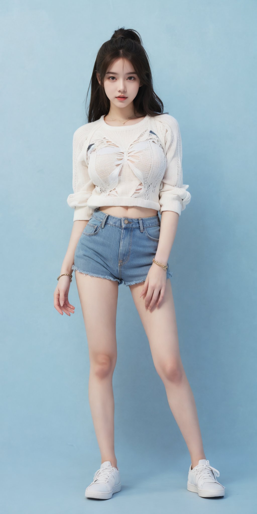 1girl,(standing:1.3),(denim_shorts:1.2),(blue background:1.3),(white sweater:1.2),white sneaker,