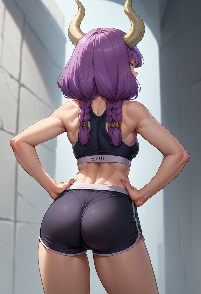 score_9, score_8_up, source_anime, 1girl, solo, AuraFrieren, purple hair, blue eyes, horns, long hair, twin braids, from behind, looking back, hands on hips, sports bra, black shorts, ass, <lora:ChamAuraPonyXL:1>