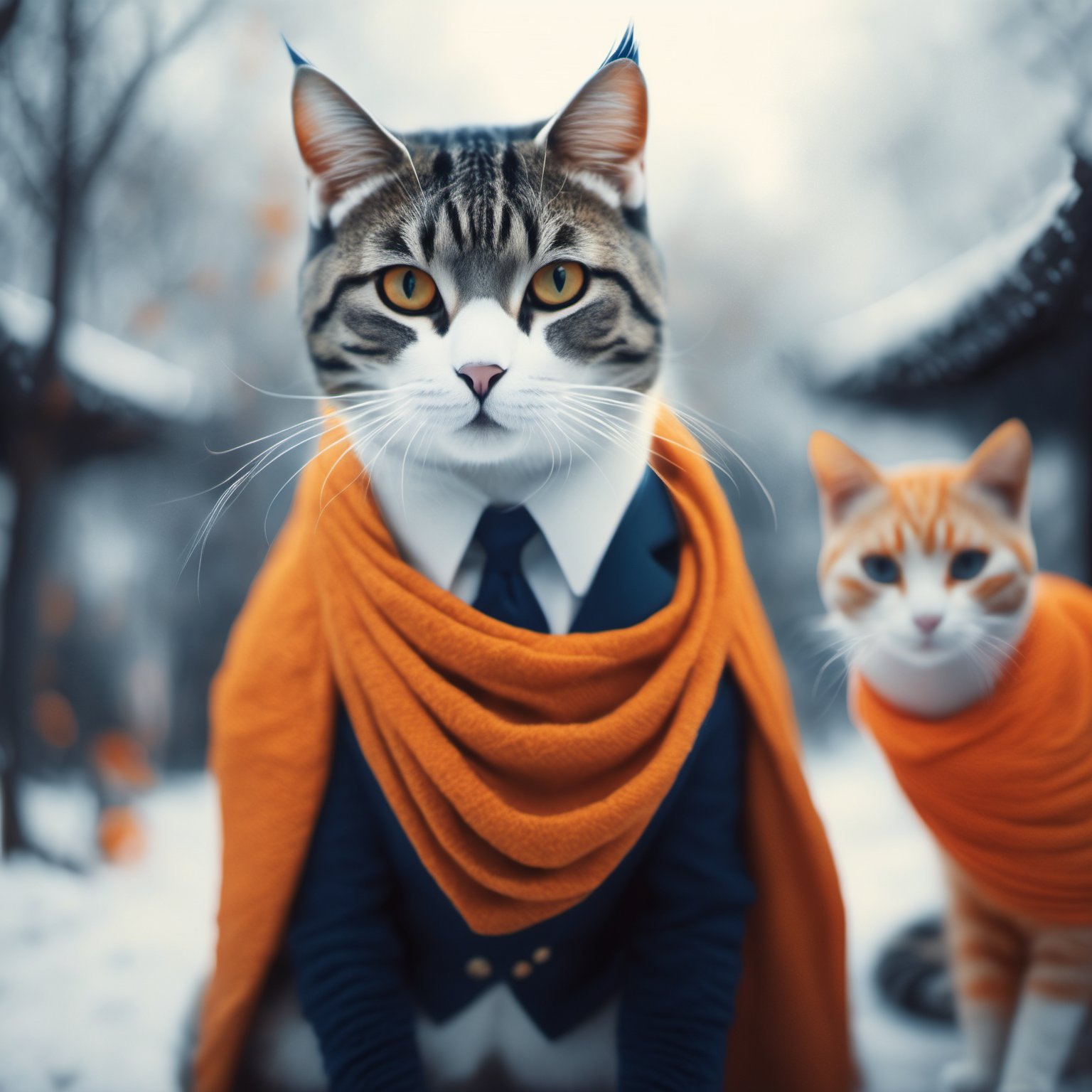 art by beeple, noah bradley, cyril roland and ross tran, Cosplay Photograph, Basic (multiple cats:1.1) with [Enchanted:Formal:1] parts, Rule of Thirds, dressed in Navy, White and Orange Rebozo, centered background, Winter, Hyperpop, bokeh, Ilford HP5+ 400, F/5, aw0k cat