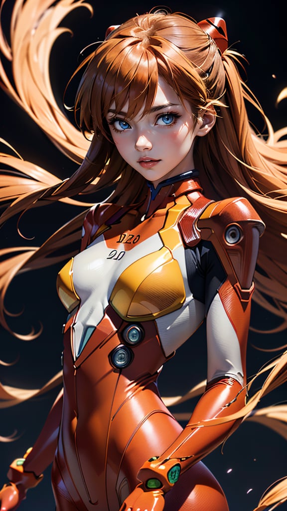 (best quality, masterpiece, colorful, highest detailed) upper body photo, fashion photography of cute (Asuka Langley), in high detailed textured Evangelion red plugsuit, (ultra-detailed body), (light smile:0.3), moonlight passing through hair, (colorful background:1.3), (intricate details), (dynamic angle)