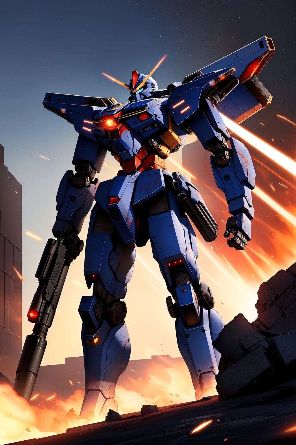 masterpiece, best quality, mecha, no humans, black armor, blue eyes, science fiction, fire, laser canon beam, war, conflict, destroyed city background