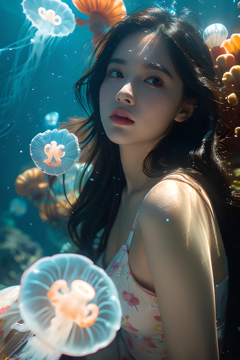 1 girl, solo, bubbles, sunshine,dark hair,glowing jellyfish, water bubbles, water, long hair, underwater, realistic, lips, looking at the audience, bubbles, parted lips, full body, water, brown eyes, jellyfish, front,  <lora:YG海底水母摄影:0.75>,