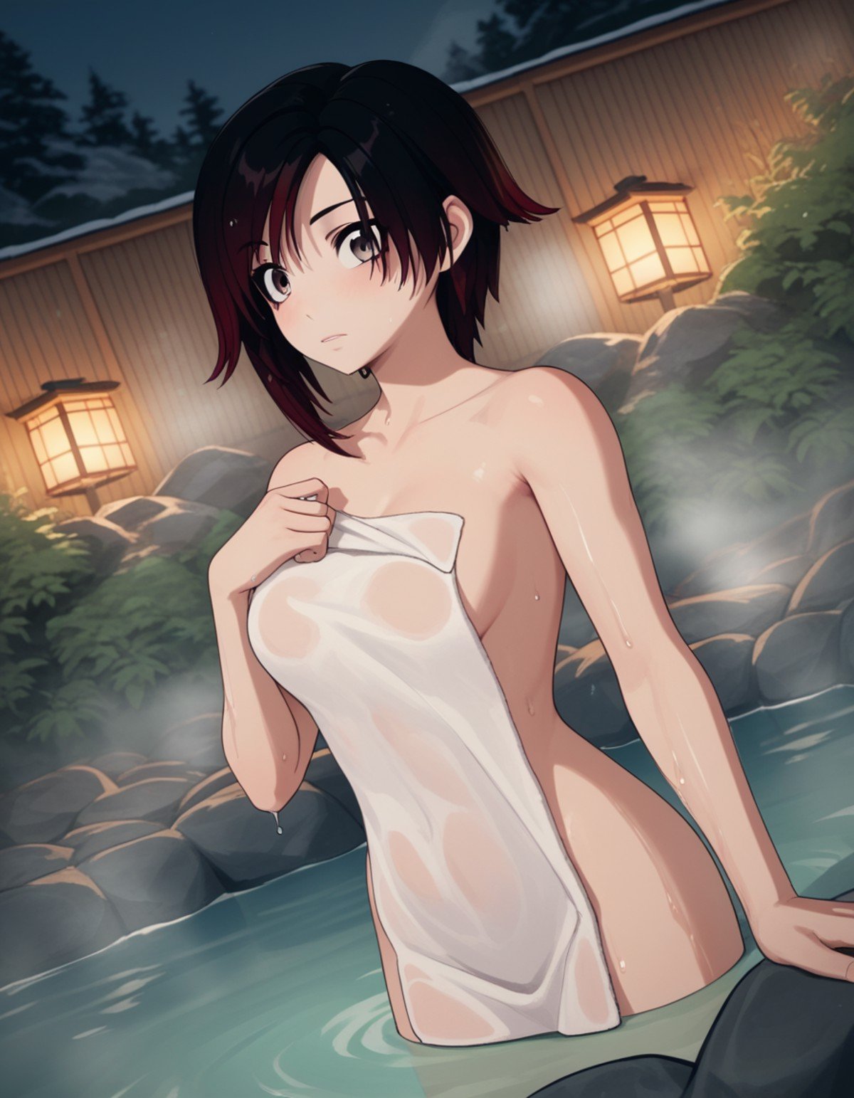 score_9, score_8_up, score_7_up, source_anime, <lora:ruby-rose-ponyxl-lora-nochekaiser:1>, ruby rose, short hair, black hair, red hair, grey eyes,, nude, naked, outdoors, onsen, towel, naked towel, steam, bathing, nude cover, partially submerged, water, bath, steam censor, wet towel, blush, looking at viewer, solo, cowboy shot, dutch angle