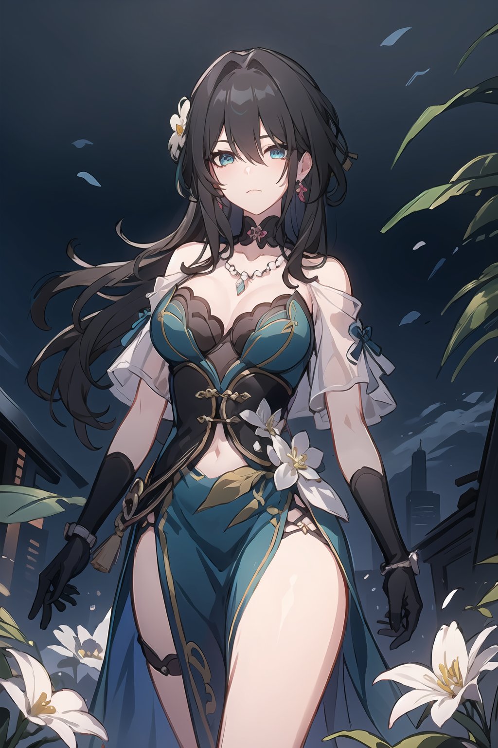 masterpiece,best quality,detialed,ruanmei,ruanmei_official,chinese dress,breasts,long hair,hair between eyes,black hair,bangs,medium breasts,cleavage,hair ornament,thigh strap,white flower,beads,gloves,jewelry,flower,dress,earrings,bare shoulders,blue dress,hair intakes,ruby necklace,black choker,green eyes,blue eyes,<lora:阮梅-0.8-逐辰十七:0.8>,1girl,ripple,cyberpunk,Serious,looking afar,landscape,strong rim light,