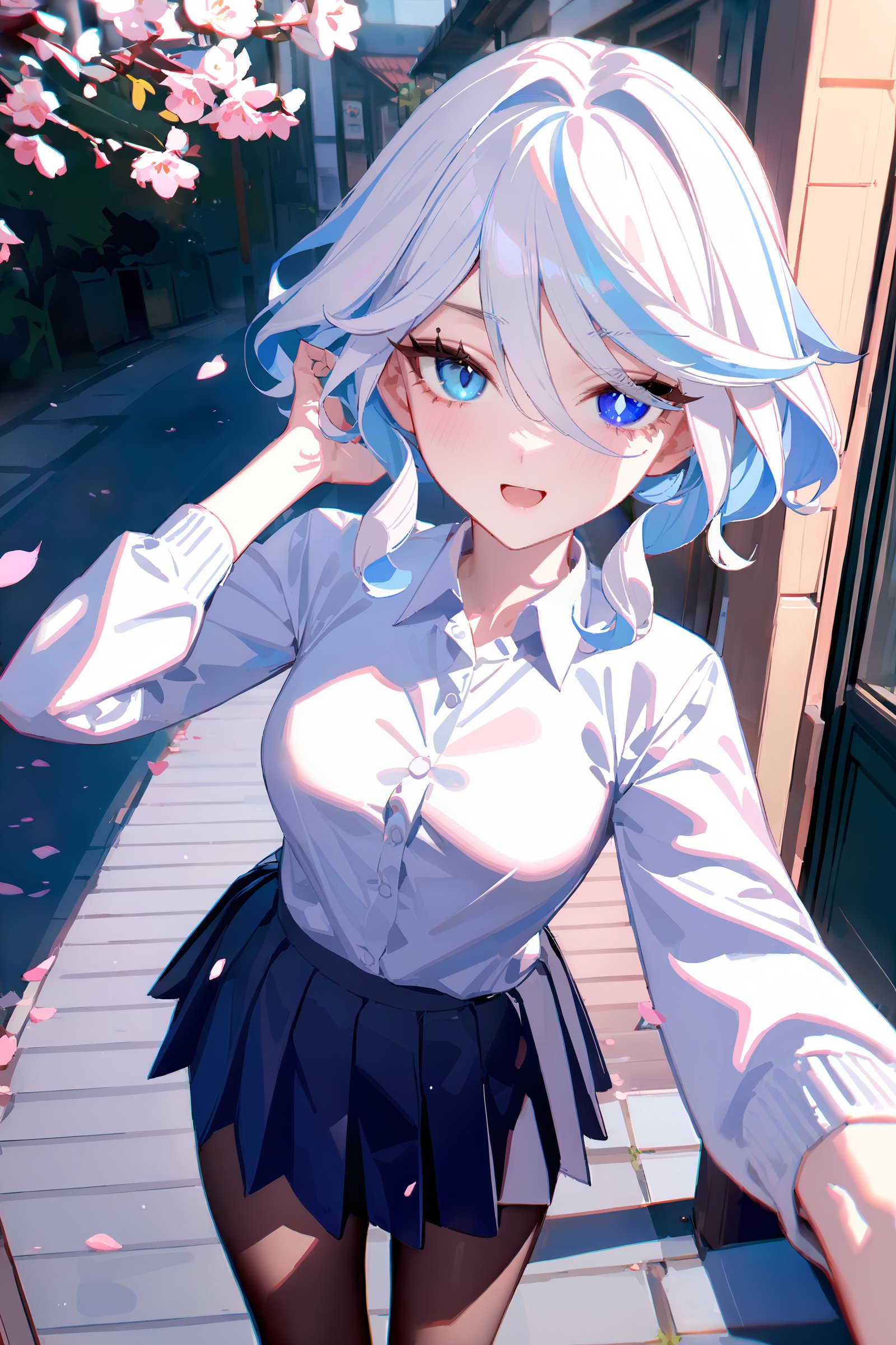 masterpiece, best quality, perfect features, intricate details, ray tracing, newest,(hitenkei, askzy:0.4), 1girl,  furina \(genshin impact\), heterochromia, solo, school uniform, white shirt, sweater, pleated skirt, pantyhose, evil smile, hand in own hair, looking at viewer, smile, open mouth, outdoors, street, cherry blossoms, petals, depth of field  <lora:Char-Genshin-Furina-XL-V1:0.9>