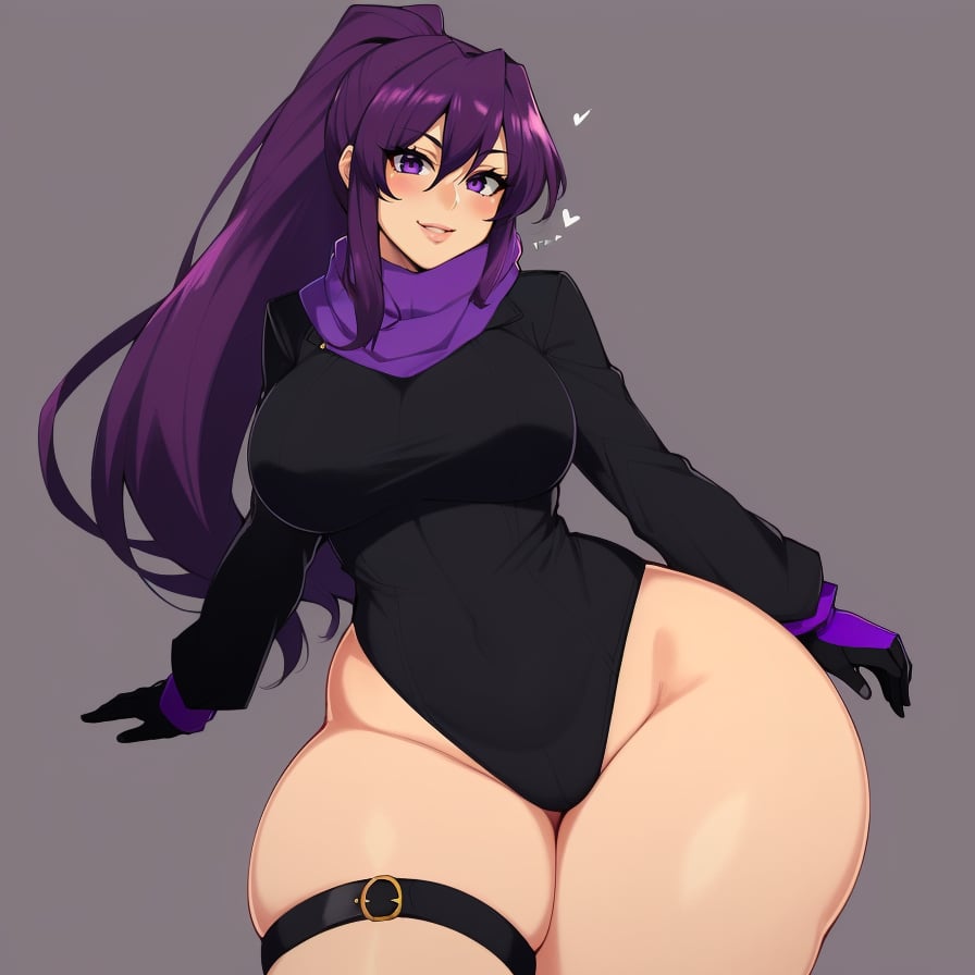 (masterpiece, best quality:1.3), Taigerarts, Soft Shading, 1girl, solo, looking at viewer, <lora:Taigerarts Style Lora:.8>, seductive eyes, wide hips, thick thighs, blushing, dynamic angle, medium breasts, purple hair, purple eyes, long hair, smile, purple scarf, ponytail, gloves, scarf, thigh strap, dress, black gloves, long sleeves, coat, black coat