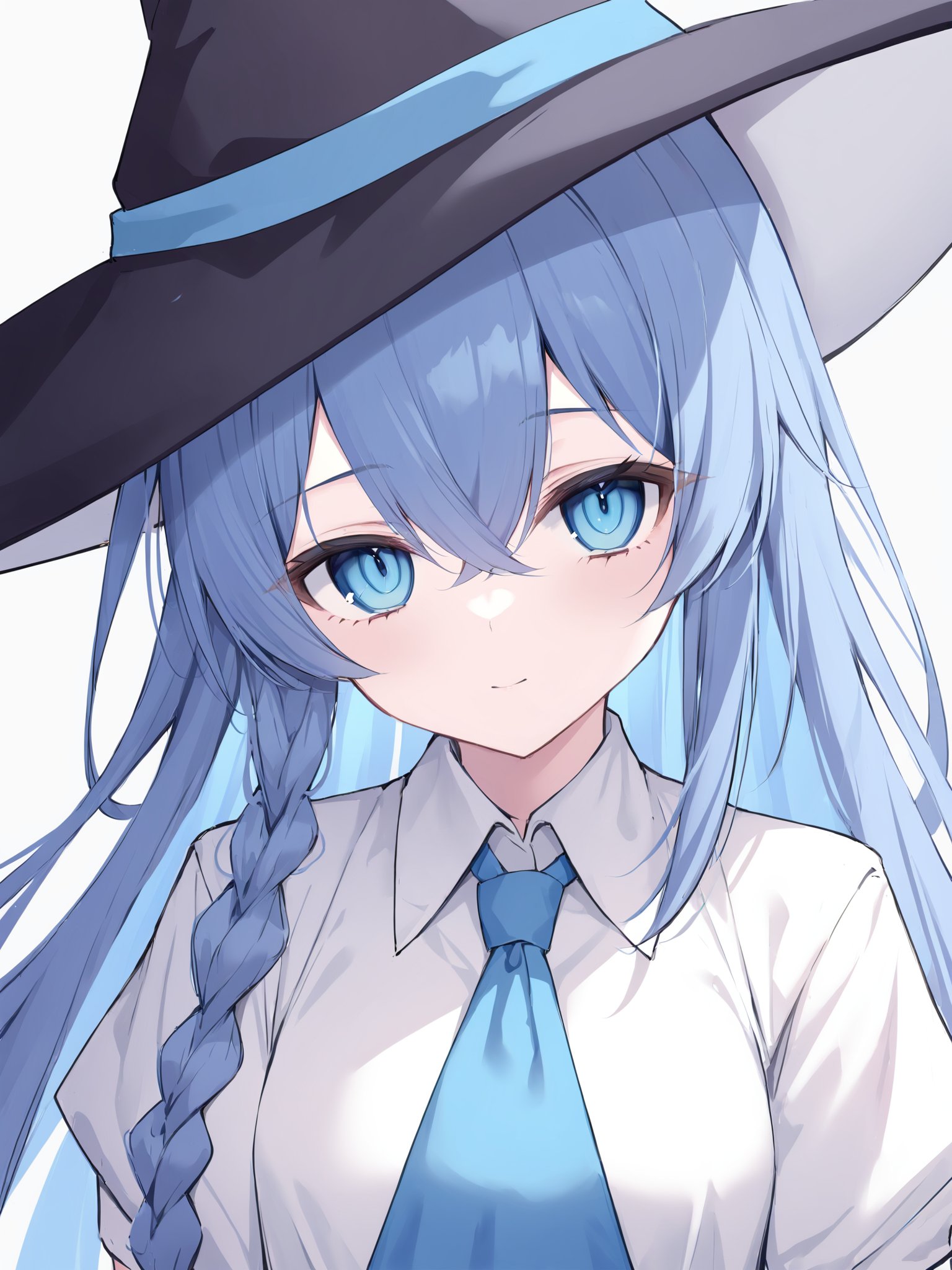 (masterpiece),(bestquality),1girl, solo, roxy migurdia, blue eyes, blue hair, hat, long hair, looking at viewer, shirt, hair between eyes, simple background, collared shirt, white shirt, witch hat, bangs, black headwear, closed mouth, grey background, portrait, braid, upper body<lora:heyiling-v3-000010:0.8>,