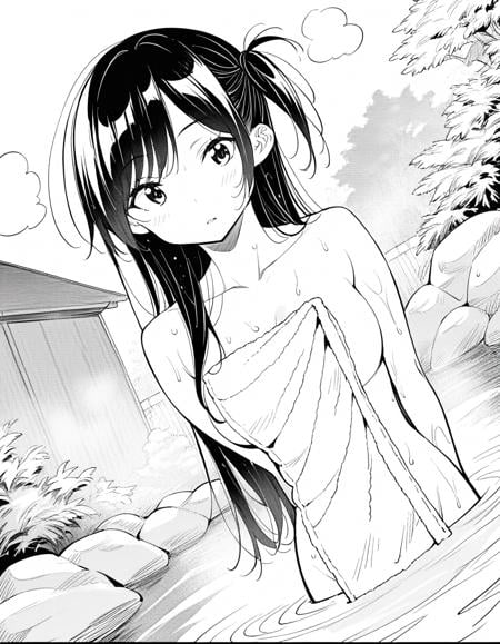 score_9, score_8_up, score_7_up, source_anime,chizuruichinose, <lora:chizuru-ichinose-manga-ponyxl-lora-nochekaiser:1>,chizuru ichinose, long hair, bangs, one side up, greyscale, monochrome,nude, naked, outdoors, onsen, towel, naked towel, steam, bathing, nude cover, partially submerged, water, bath, steam censor, wet towel,looking at viewer, dutch angle, cowboy shot, solo,