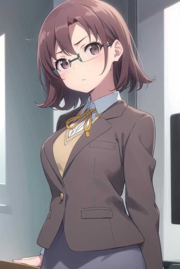 senaakagi, <lora:sena akagi s2-lora-nochekaiser:1>,sena akagi, short hair, brown hair, glasses, (brown eyes:1.5),BREAK skirt, ribbon, school uniform, blazer, grey skirt, shirt, white shirt, collared shirt,BREAK indoors, classroom,BREAK looking at viewer, (cowboy shot:1.5),BREAK <lyco:GoodHands-beta2:1>, (masterpiece:1.2), best quality, high resolution, unity 8k wallpaper, (illustration:0.8), (beautiful detailed eyes:1.6), extremely detailed face, perfect lighting, extremely detailed CG, (perfect hands, perfect anatomy),