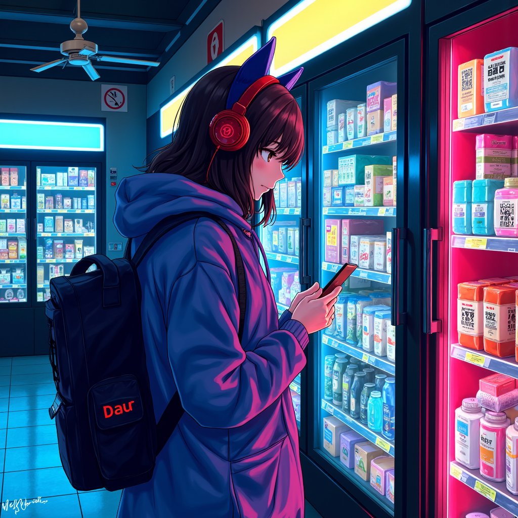 anime girl in a hat and coat using a cell phone,girl wearing headphones,pixiv frontpage,popular on pixiv,convenience store,(art station),top rated on pixiv,lofi girl,red headphones,shopping groceries,at pixiv,very detailed background,wearing a neon blue hoodie,getting groceries,headphones,mysterious coffee shop girl,detailed background,pixiv style,urban girl fanart,digital art on pixiv,wearing cat ear headphones,pixiv trending,lofi girl aesthetic,stood in a supermarket,she is holding a smartphone,checking her phone,neon shops,art - station,art-station,wearing modern headphone,inside a supermarket,wlop : :,photograph of a techwear woman,