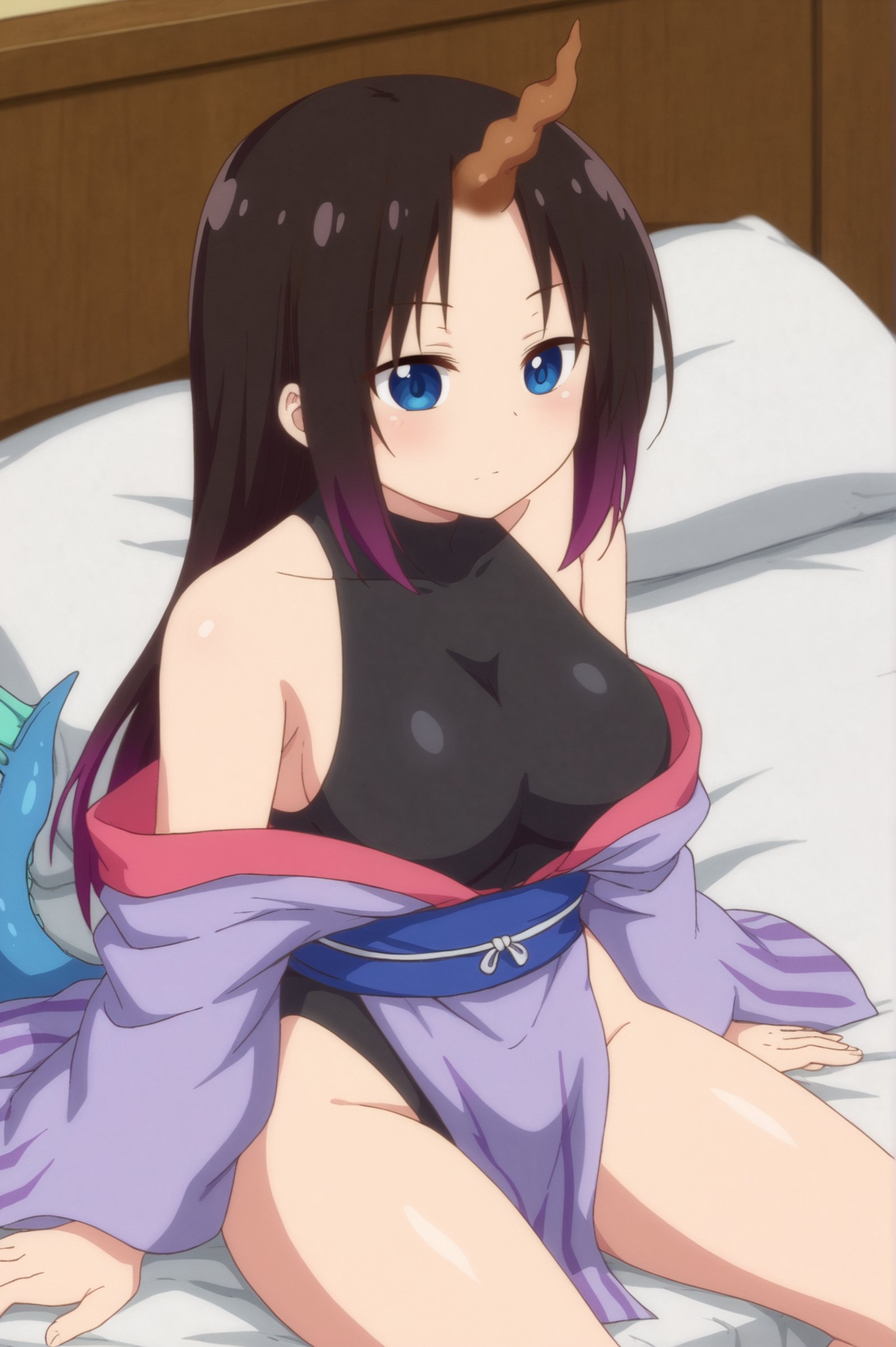 <lora:Elma:0.7> Elma, 1girl, solo, long_hair, breasts, closed_mouth, bare_shoulders, sitting, horns, japanese_clothes, off_shoulder, leotard, pillow, bed, on_bed, black_leotard, single_horn, dragon_horns, dragon_girl <lora:sdxl_lightning_4step_lora:1>