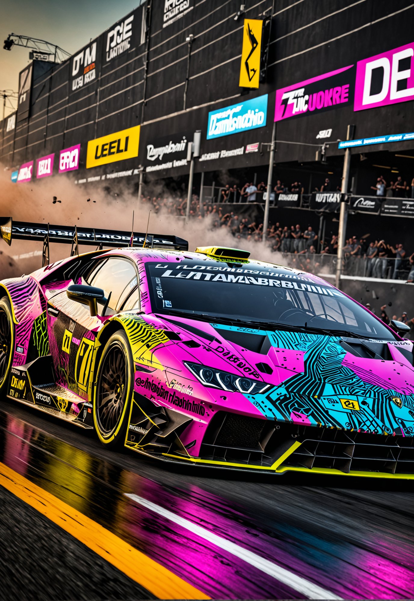 dynamic angle, masterpiece, award winning picture,  Lamborghini DTM car racing, drifting, futuristic background, hyper detailed, intricate,  neon poster, epic, ultra detail, intricate details, UHD