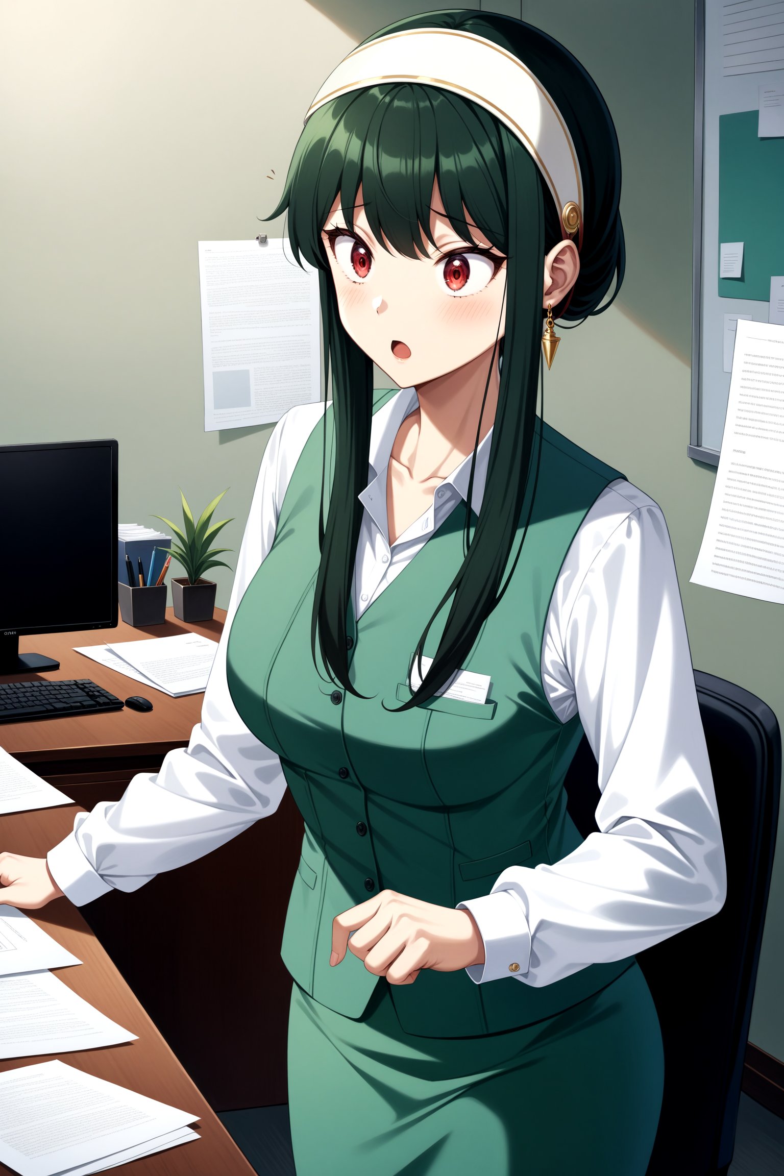 (masterpiece, best quality, very aesthetic, ultra detailed), intricate details, 4k, anime style, bbyorf, short hair with long locks, white hairband, red eyes, gold earrings, collarbone, white shirt, collared shirt, green vest, long sleeves, green skirt, <lora:yor_forger_XL_v1:0.9>, office, paper, surprised, standing