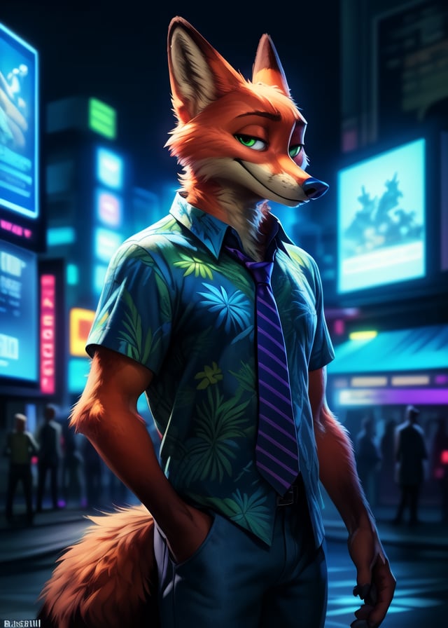 (by Bassenji, by Wildering, by Albrecht Anker, by Foxovh),solo ((nick wilde) blue aloha shirt, jeans, purple stripes necktie, green eyes),(standing, three-quarter portrait, three-quarter view, looking at viewer:1.25),BREAK,(aquarium, city, neon light, billboard, window),(detailed background, depth of field, sunlight, ambient silhouette, backlighting),masterpiece, best quality, 4k, 2k, (intricate:0.9), (high detail, shaded, realistic:1.25), absurd res