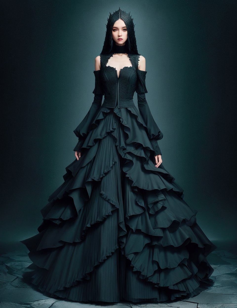 DonMB14ckR0ck black rock, oversized full body clothing, henley neck, ar-embedded carbon-fiber,   cap sleeves, asymmetrical hemline, empire waist, ball gown skirt, paneling,,illustration,   <lora:DonMB14ckR0ck-000008:0.8>