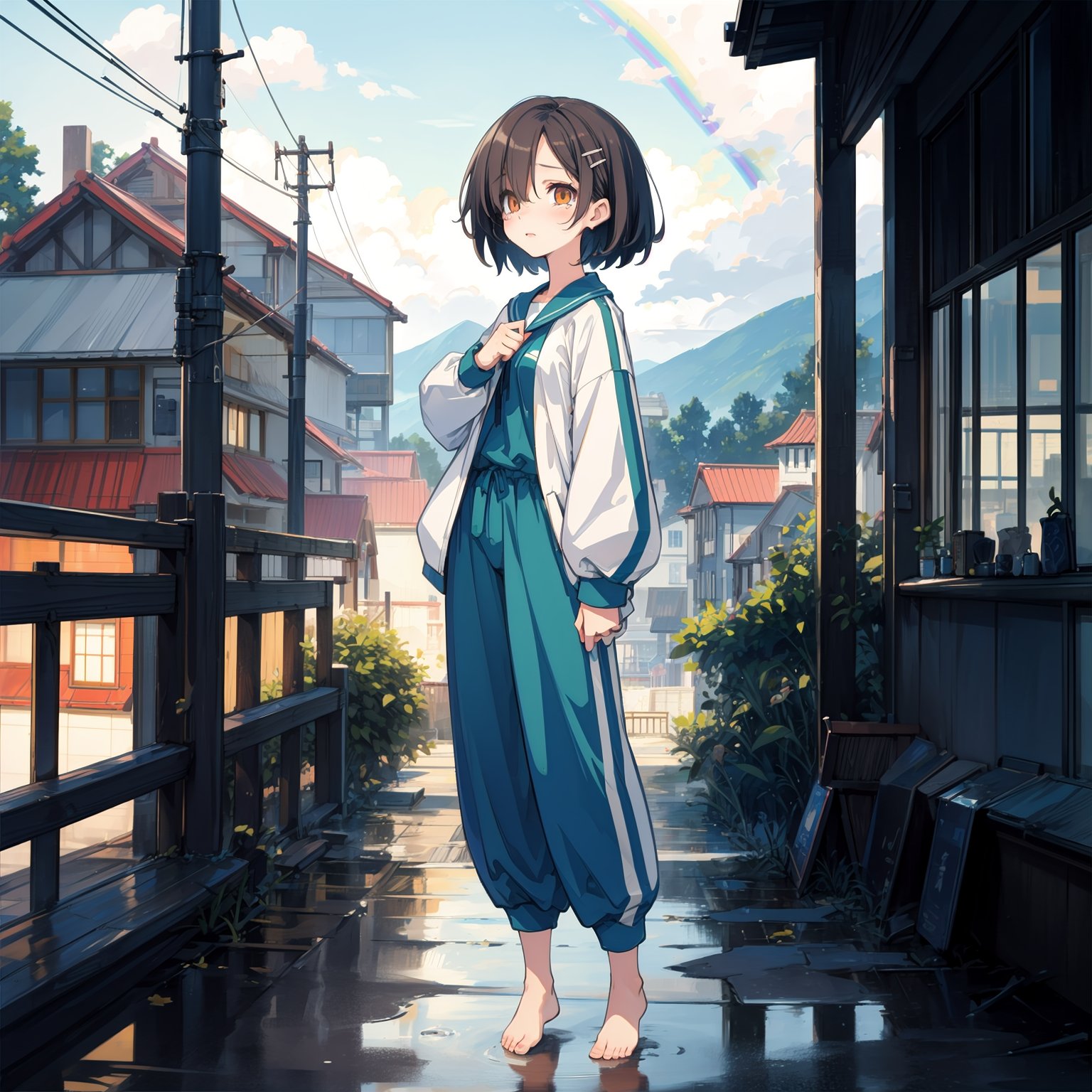 (masterpiece,4k, best quality,slim,thin,skinny,petite), kawaii style grunge style grunge style tilt-shift photo of,(dash styled rainbow),yellow theme,green theme,a girl standing at school rooftop,cloudy sky,blue sky,after rain,puddle,iron railing,rooftop,school,(peeping:1.2),1girl,(full body:1.2),facing to the side,looking at viewer,(mesugaki:1.2),looking_up,petite,slender face,blush,hair over one eye,long bangs,short hair,straight hair,black hair,brown eyes,trembling,sobbing,open mouth,streaming tears,tears,frown,own hands together,hairpin,oversized blue and white track suit,baggy blue and white track pants,barefoot,