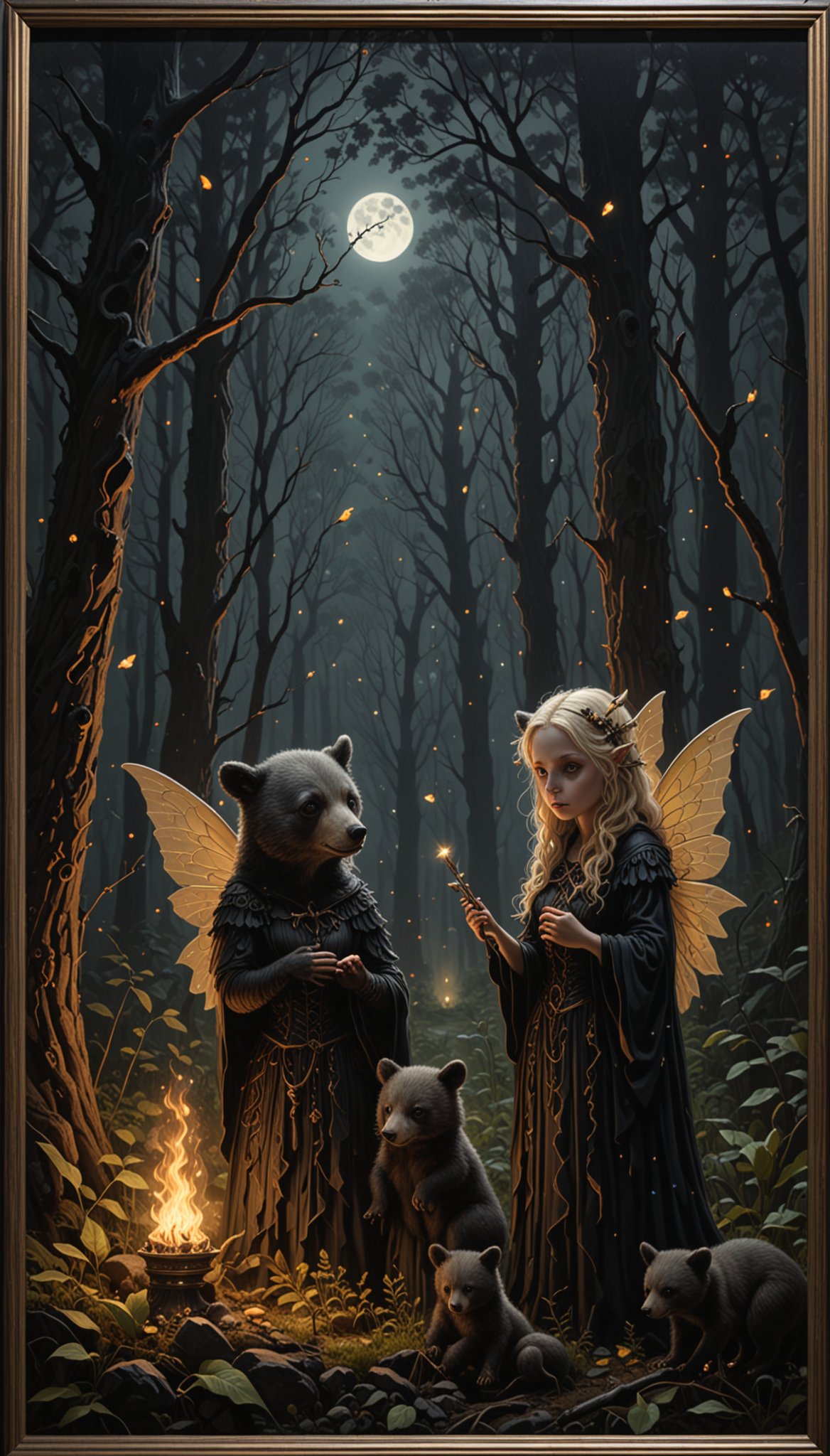 Hasselblad Award Winner, photorealistic, nightime, a cute Blonde dryad and her black bear guardians are camping in a deep mystical forest, fireflies, soothing eerie spiritual mist, harmonious, sublime, serenity, 