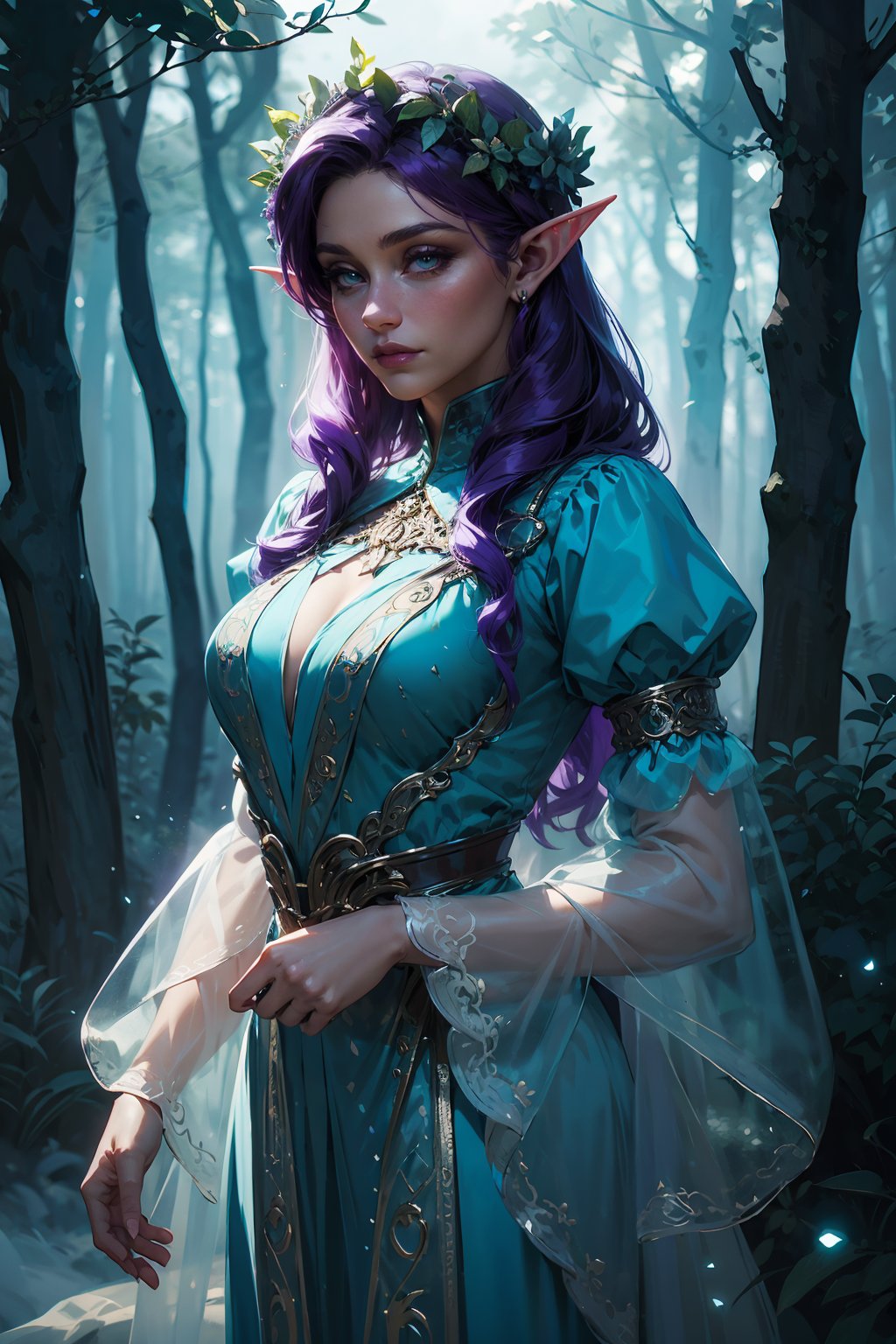 cowboy shot of beautiful elf queen, purple hair, ornate cyan dress with puffy sleeves, see-through sleeves, head wreath, particles, dark forest, night, realistic, fog