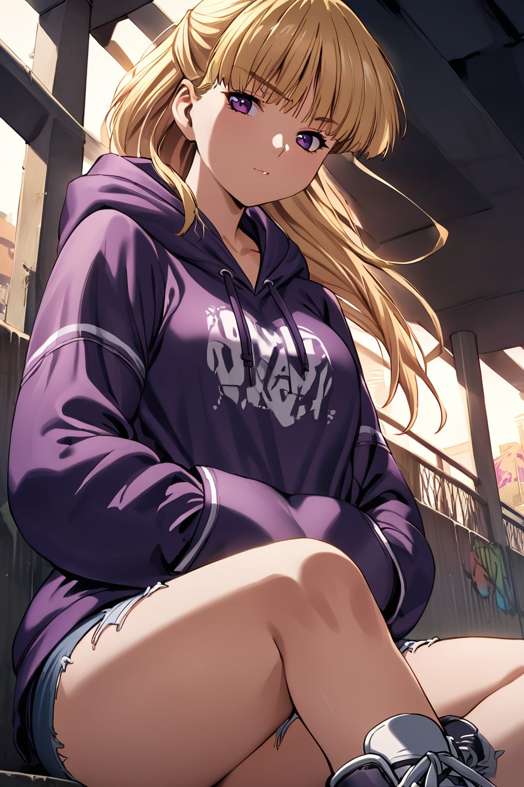 high detailed,very aesthetic,cowboy shot,high detailed,very aesthetic, kanzaki asuka, 1girl, blonde hair, purple eyes, detailed gorgeous eyes, perfect face, detailed face, street-style girl, sitting, confident pose, under bridge, graffiti art, urban setting, hoodie, ripped jeans, sneakers, vibrant colors, expressive graffiti, shadows, natural lighting, BREAK, relaxed expression, hands in pockets, cool demeanor, wind-blown hair, cinematic, dusk, from_below,  <lora:kanzaki asuka anyt:0.8>