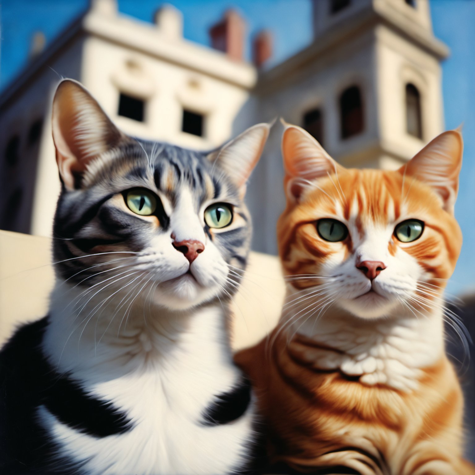 stylized by Clay Mann, John Singer Sargent and James Paick, Oil painting,close up of a Geeky multiple cats, Tower in background, at Midday, shallow depth of field, Movie still, still, Polaroid, Depth of field 100mm, Fujifilm Superia, moody, aw0k cat