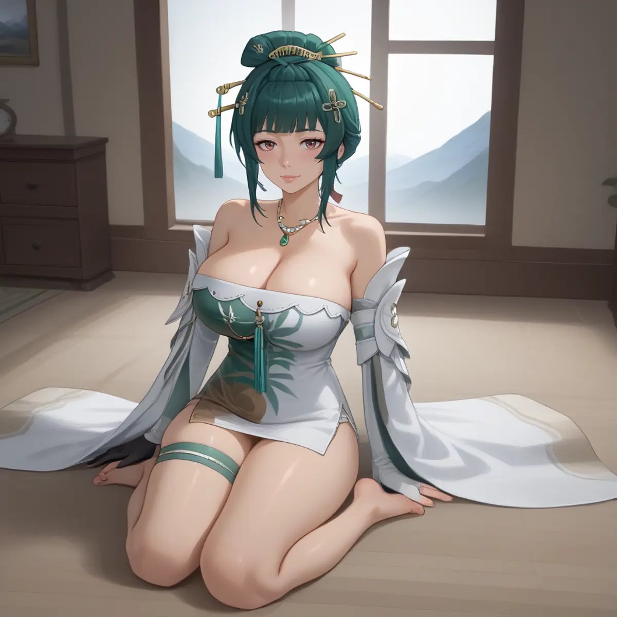 1girl, solo, Hanying, green hair, single hair bun, hair stick, hair ornament, necklace, strapless dress, white dress, cleavage, detached sleeves, fingerless gloves, sitting, wariza , full body, thigh strap, skindentation, indoors, teahouse, window, mountains <lora:SDXL_Hyper:1> <lora:STFD_P:1> <lora:hanying-pdxl-nvwls-v1:1>